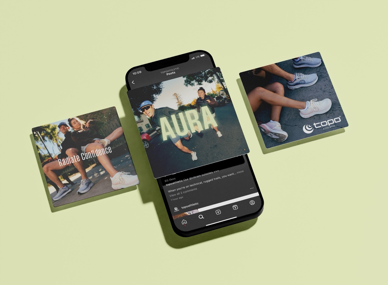 Tantrum Agency Topo Athletic Aura campaign displayed through launch graphics on social media