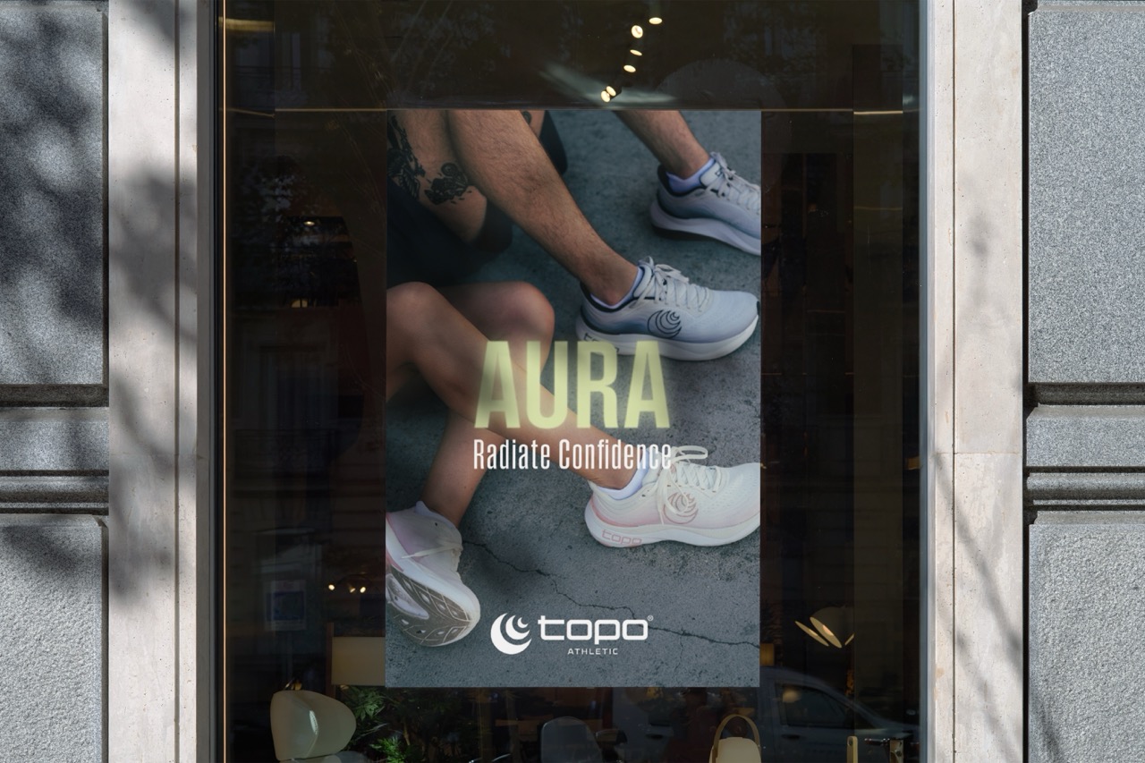 Topo Athletic Aura retail campaign by Tantrum Agency displayed in a storefront window