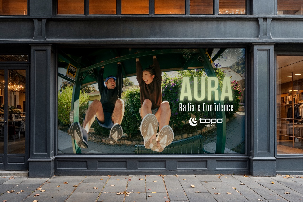 Tantrum Agency Topo Athletic Aura launch creative displayed through retail window graphics
