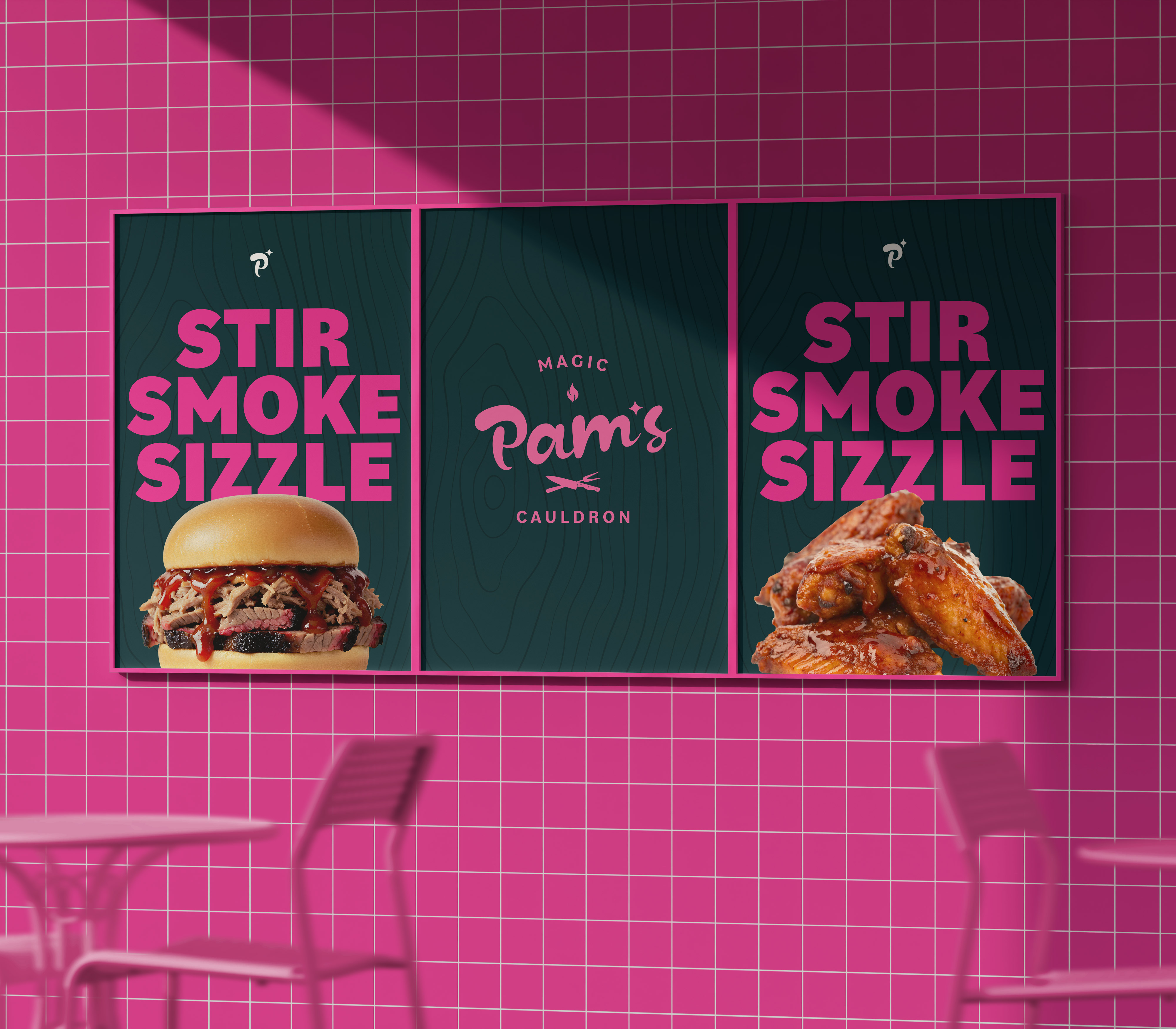 Tantrum Agency Pam’s Magic Cauldron branding shown with food and branded dining materials