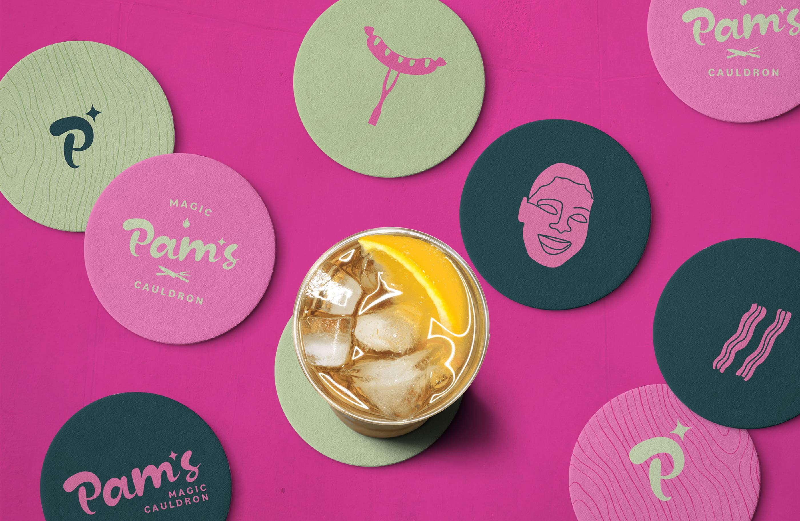 Pam’s Magic Cauldron branded coasters featuring the identity created by Tantrum Agency