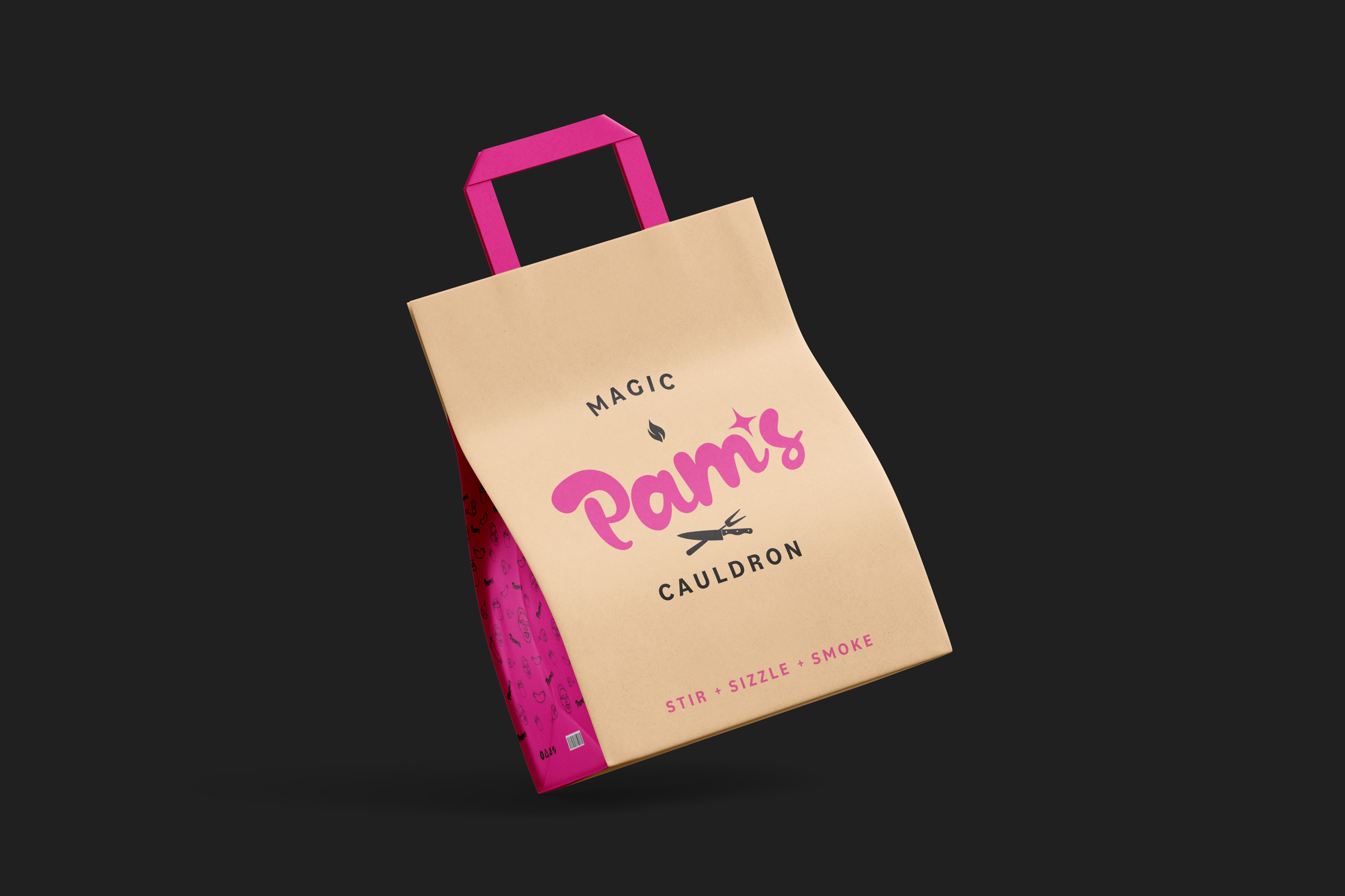Pam’s Magic Cauldron branded bag featuring the food brand identity created by Tantrum Agency