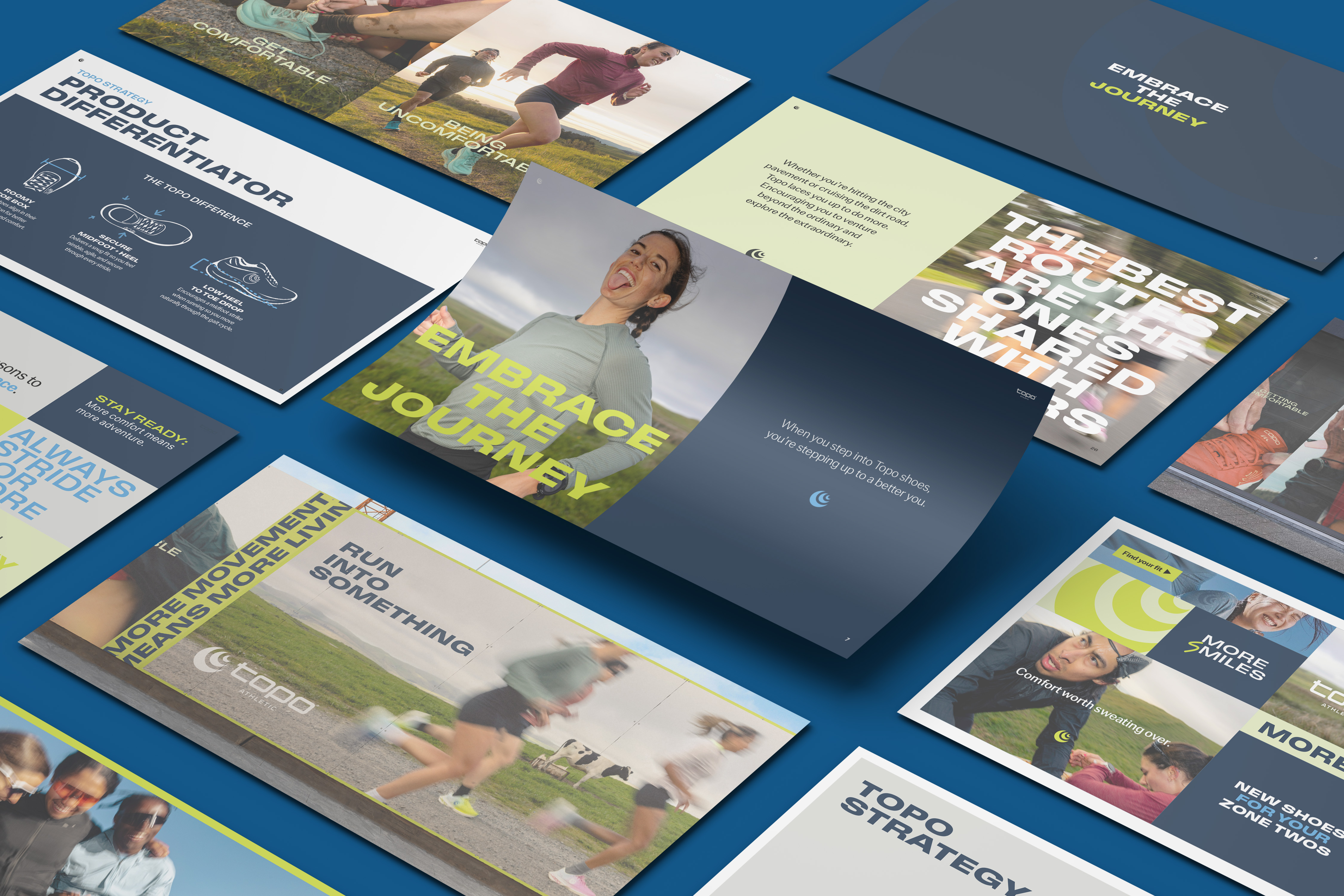 Topo Athletic brand guidelines by Tantrum Agency showing the evolved Embrace the Journey visual system
