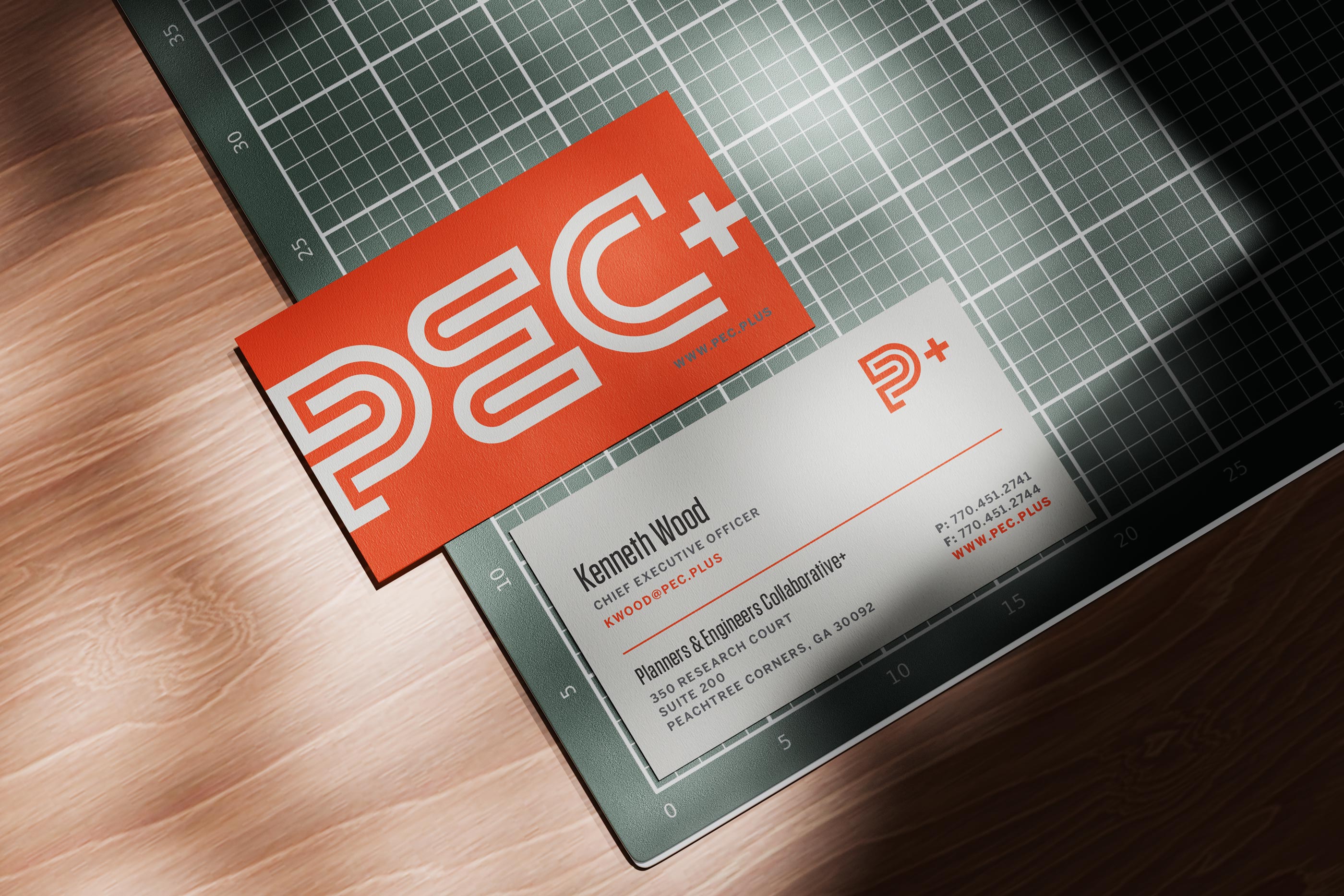 PEC+ business card design featuring the rebrand created by Tantrum Agency