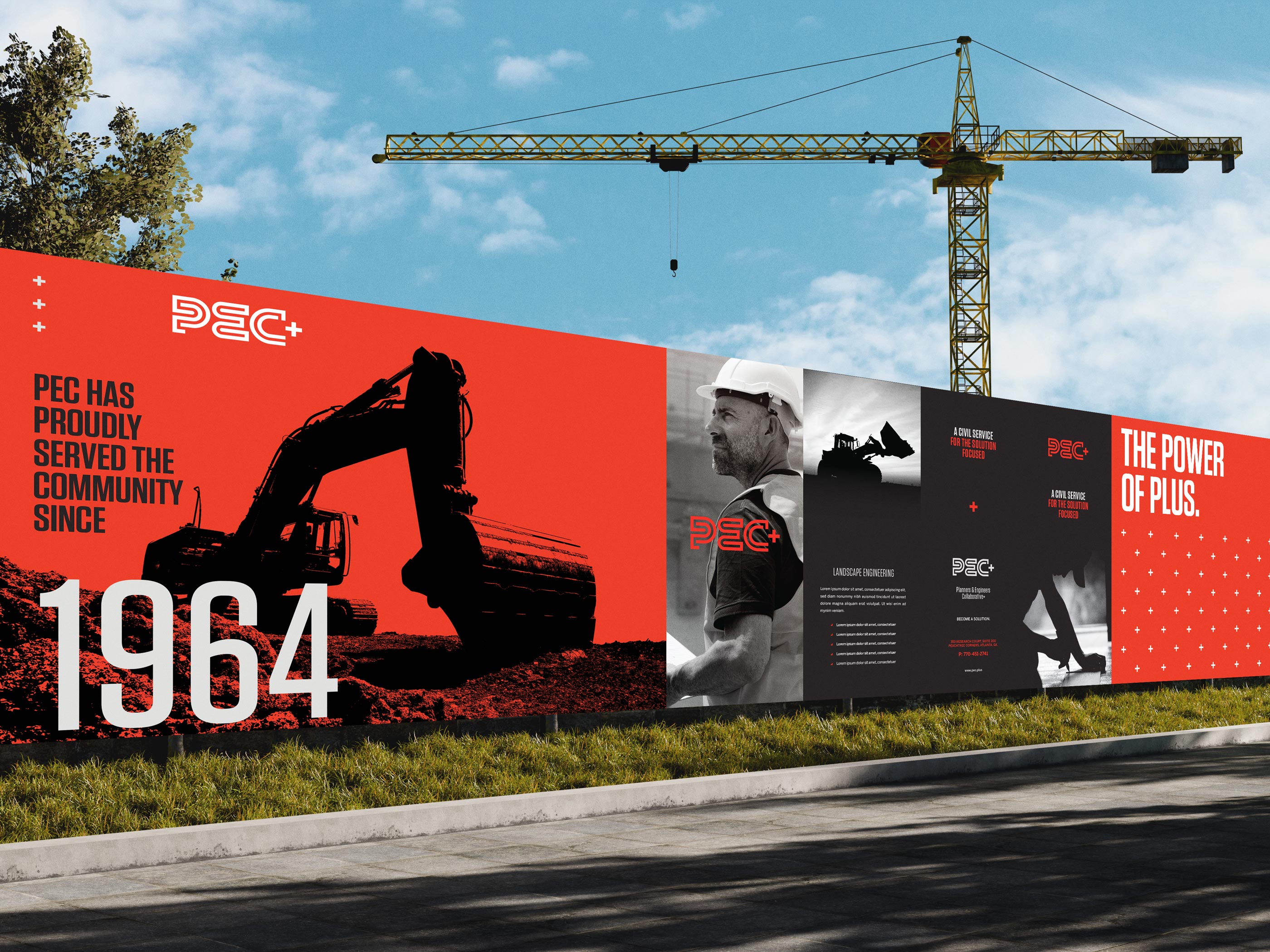 Tantrum Agency PEC+ brand identity applied to construction-site signage