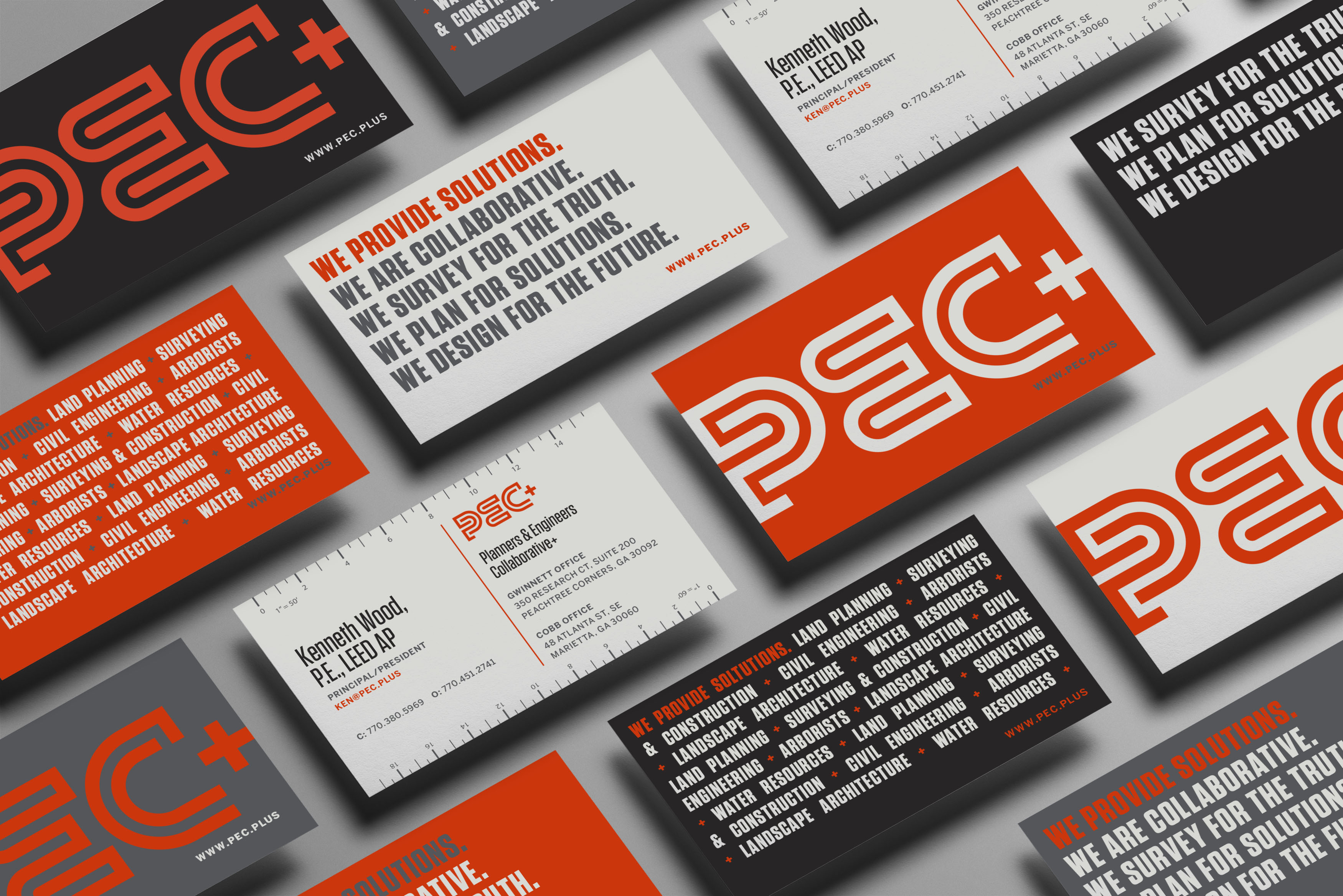 PEC+ business cards featuring the engineering firm identity created by Tantrum Agency
