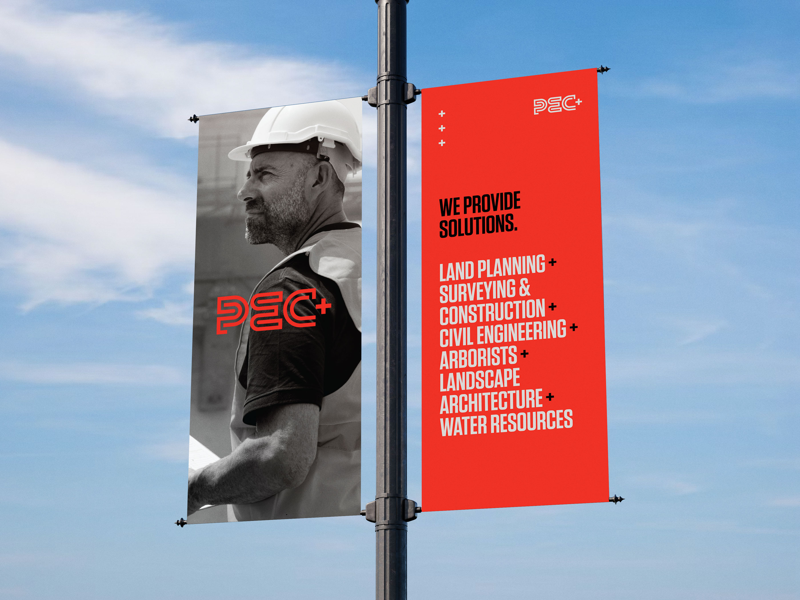 Tantrum Agency PEC+ brand identity applied to an outdoor pole banner