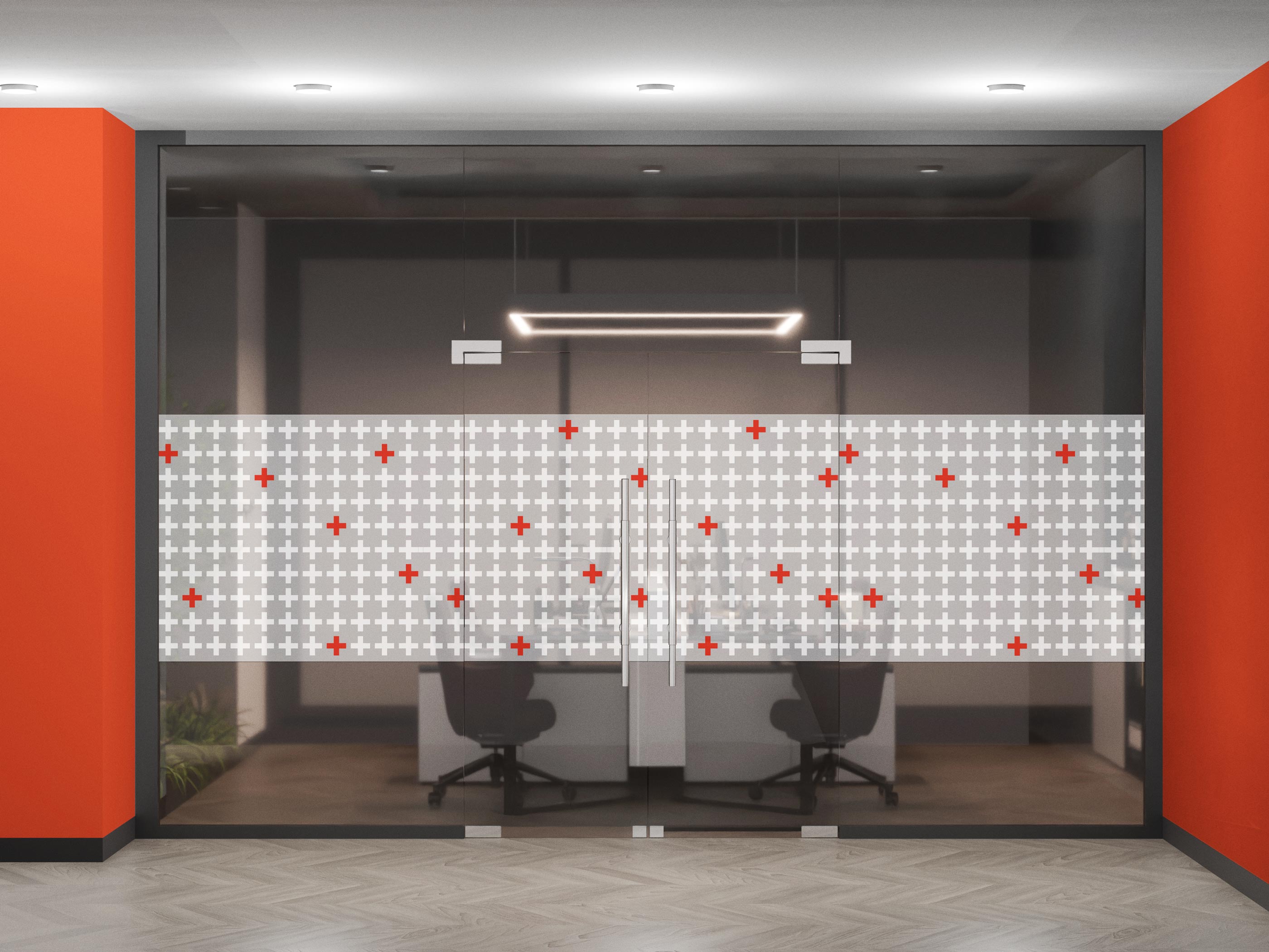 PEC+ environmental branding by Tantrum Agency applied to a glass meeting room