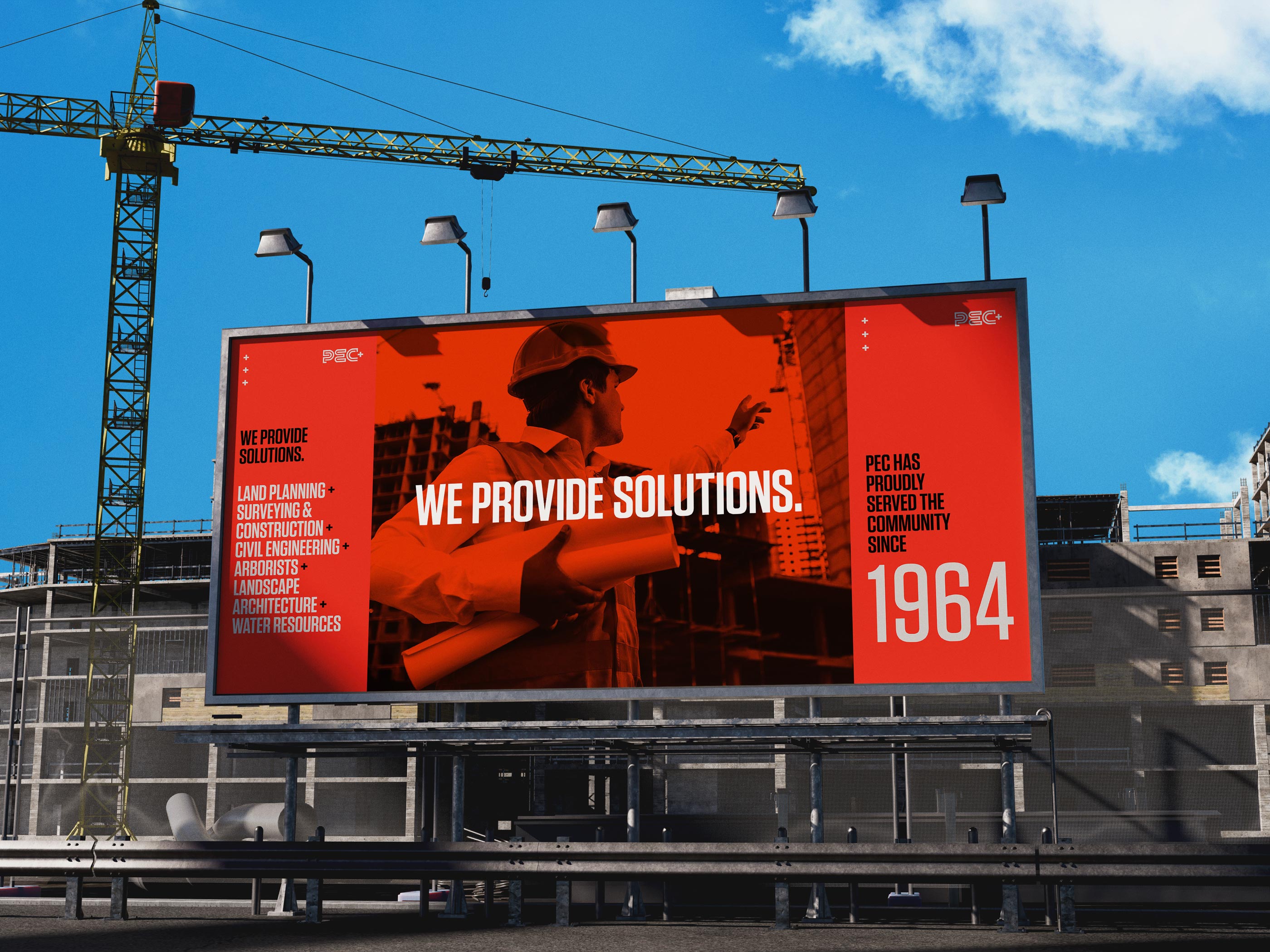 Tantrum Agency PEC+ rebrand displayed on a construction-site billboard
