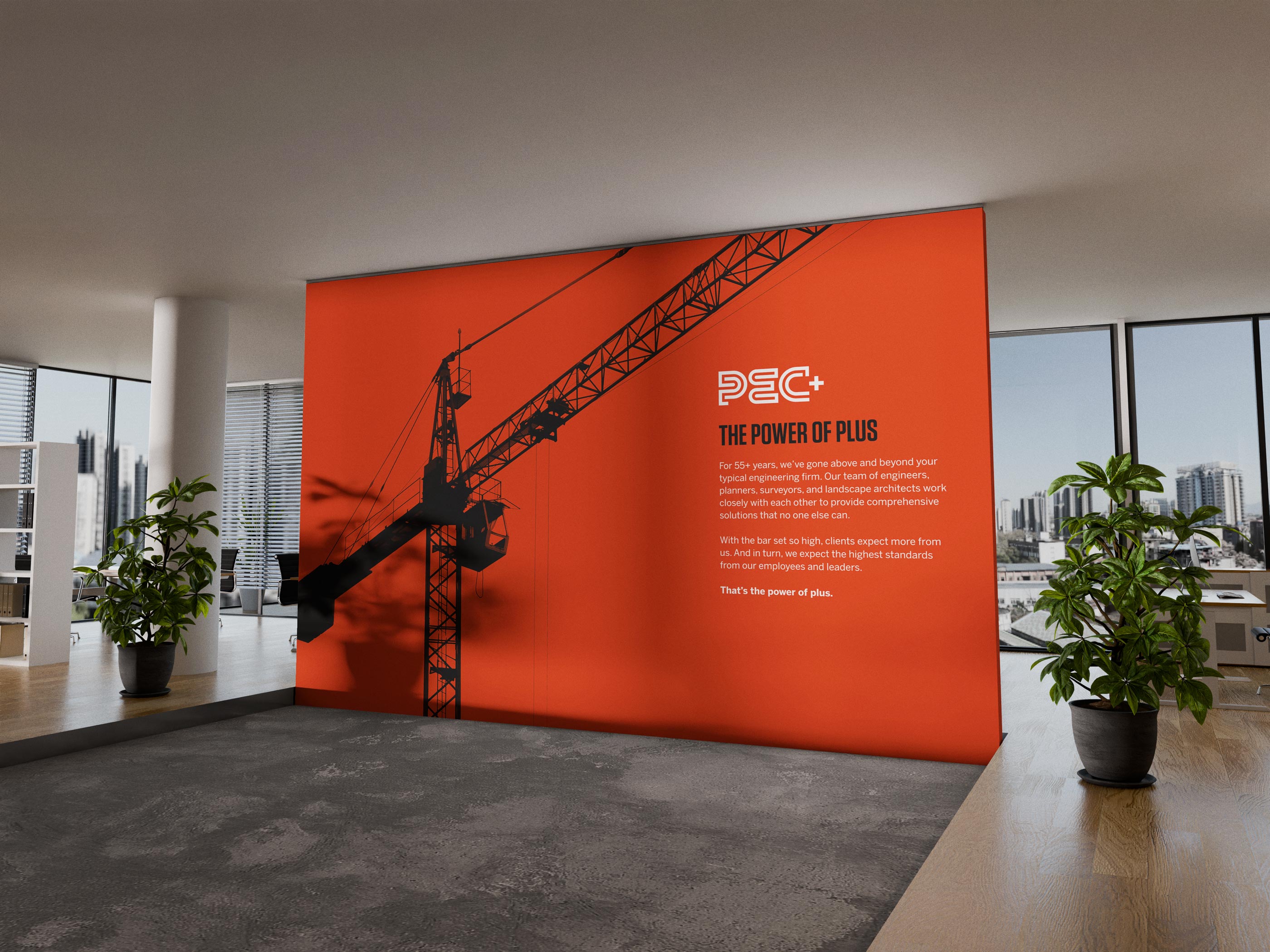 Tantrum Agency PEC+ logo and identity applied to an office wall
