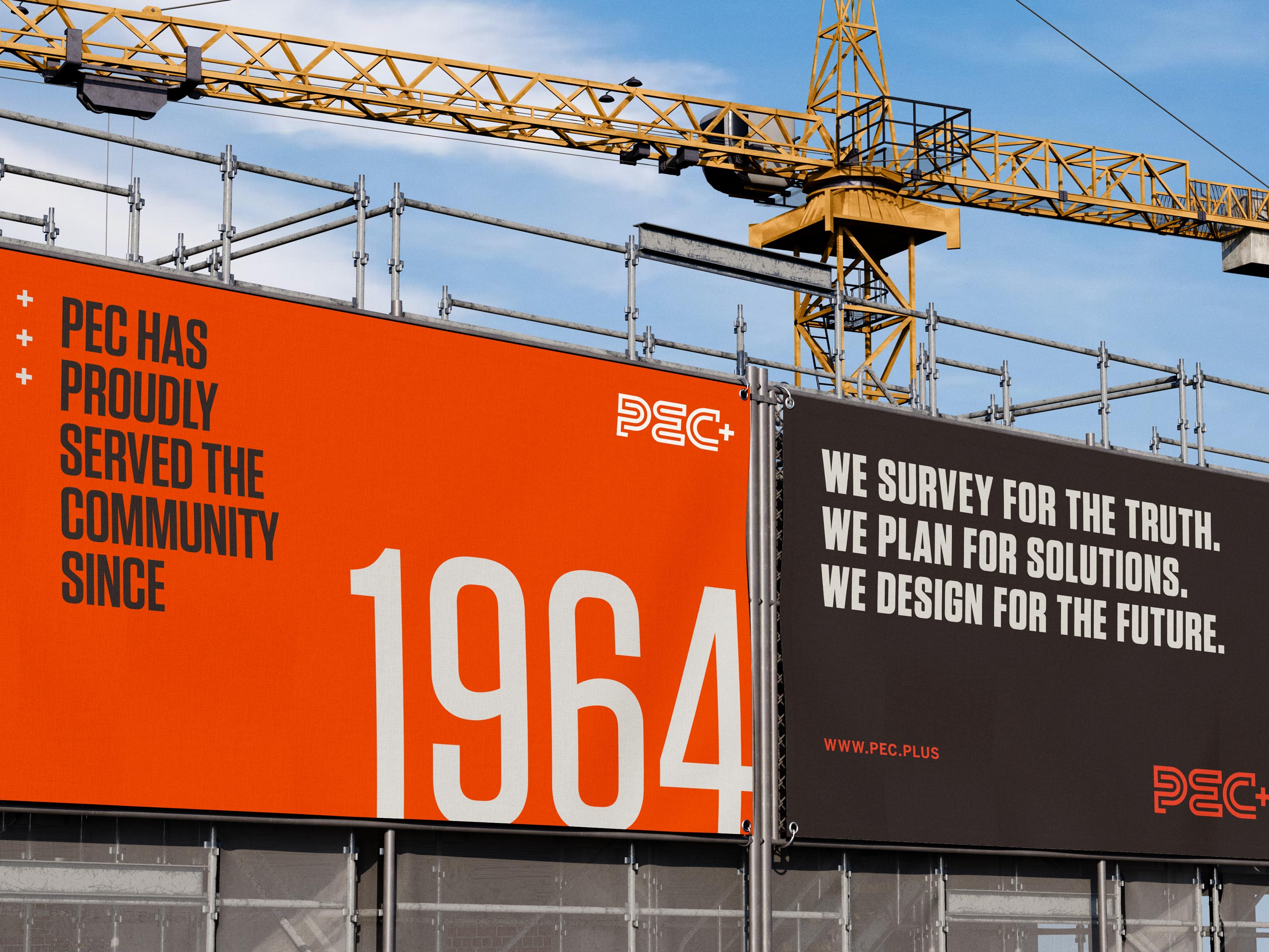 PEC+ engineering brand by Tantrum Agency displayed on construction-site signage