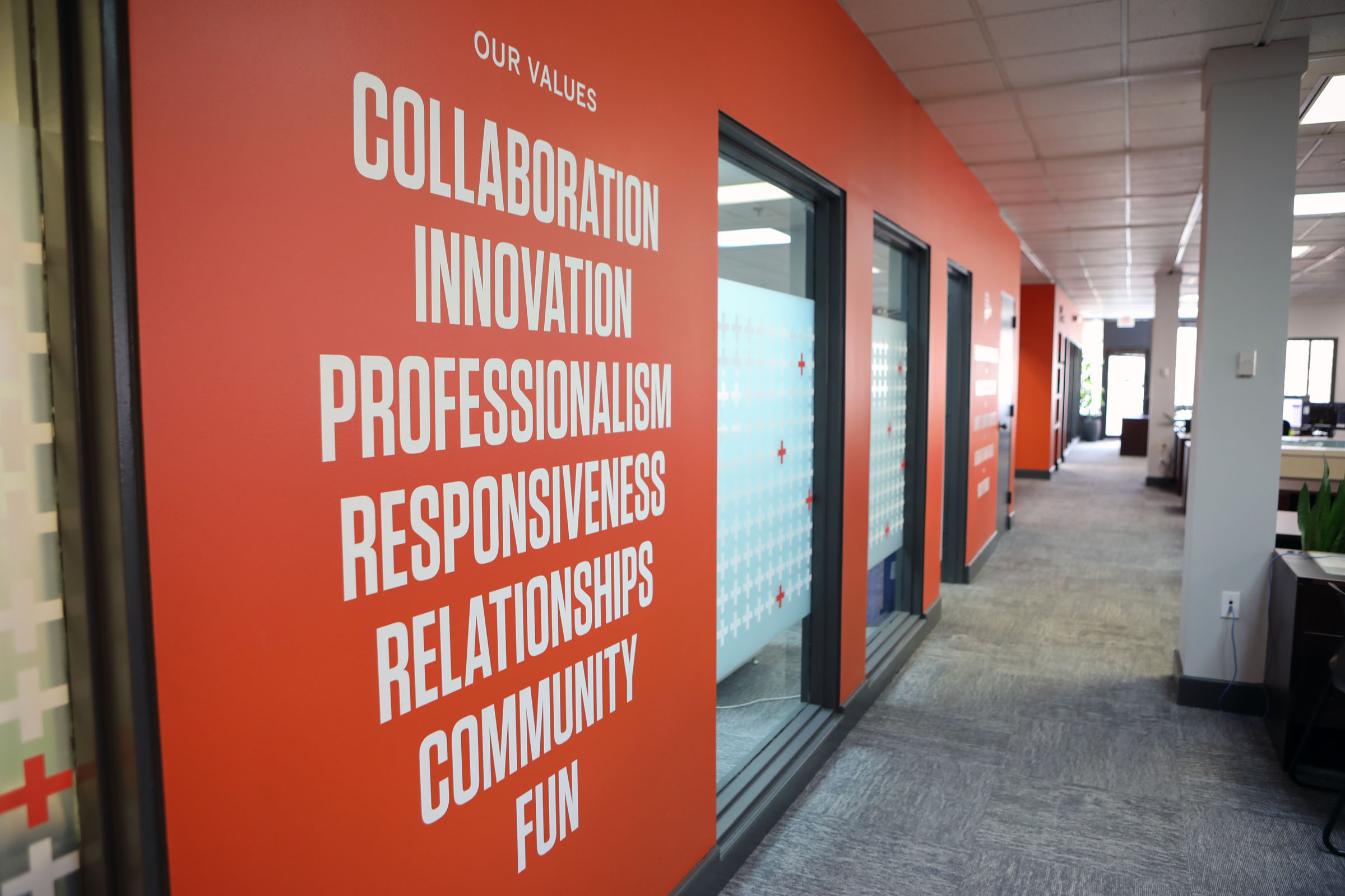 PEC+ office environment featuring The Power of Plus brand identity by Tantrum Agency