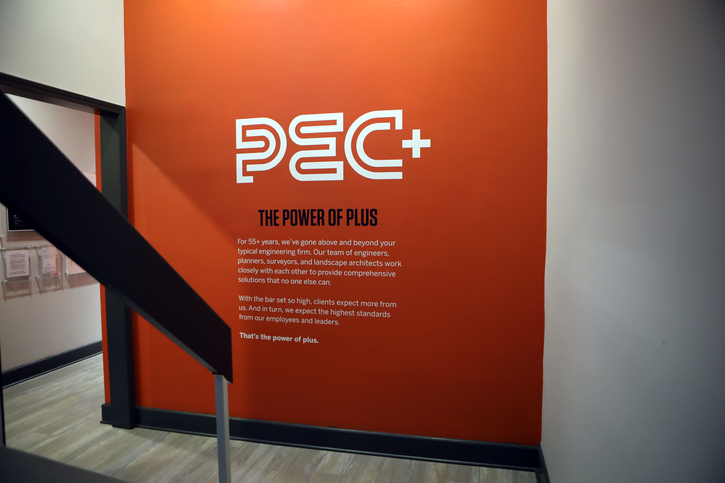 PEC+ office branding by Tantrum Agency featuring the firm’s contemporary visual system