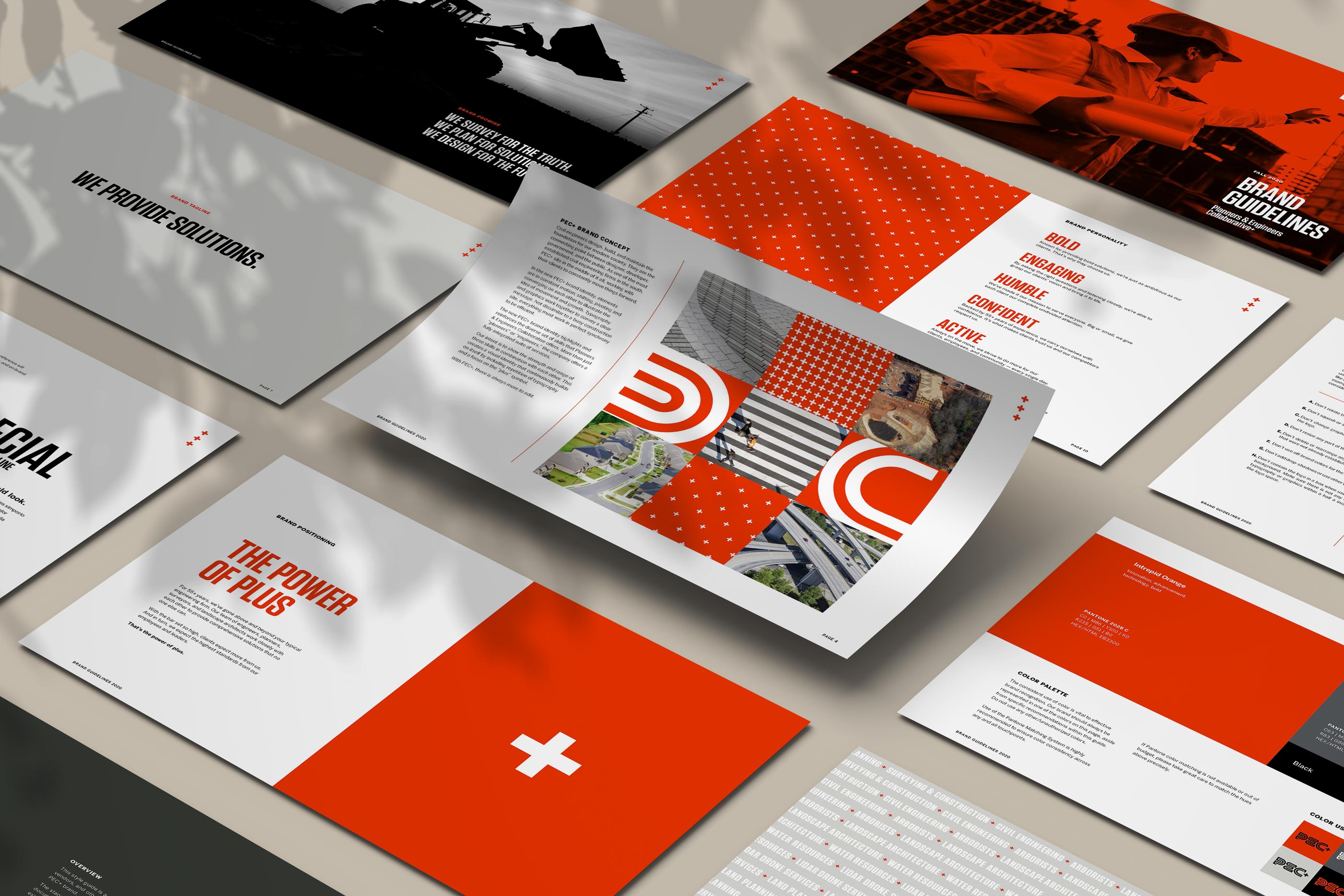 PEC+ brand guidelines by Tantrum Agency showing The Power of Plus identity system