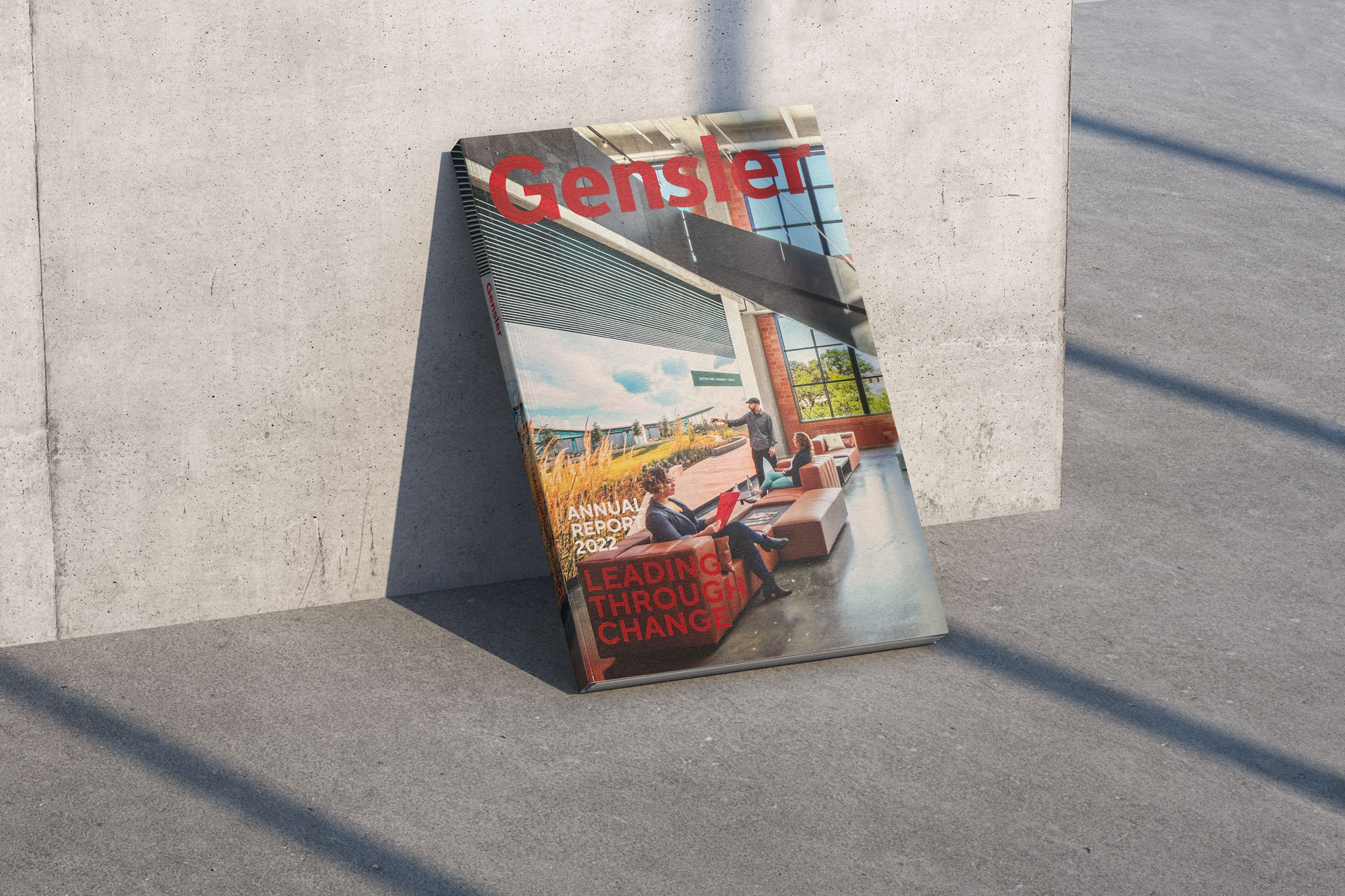 Gensler annual report printed mockup featuring editorial design by Tantrum Agency