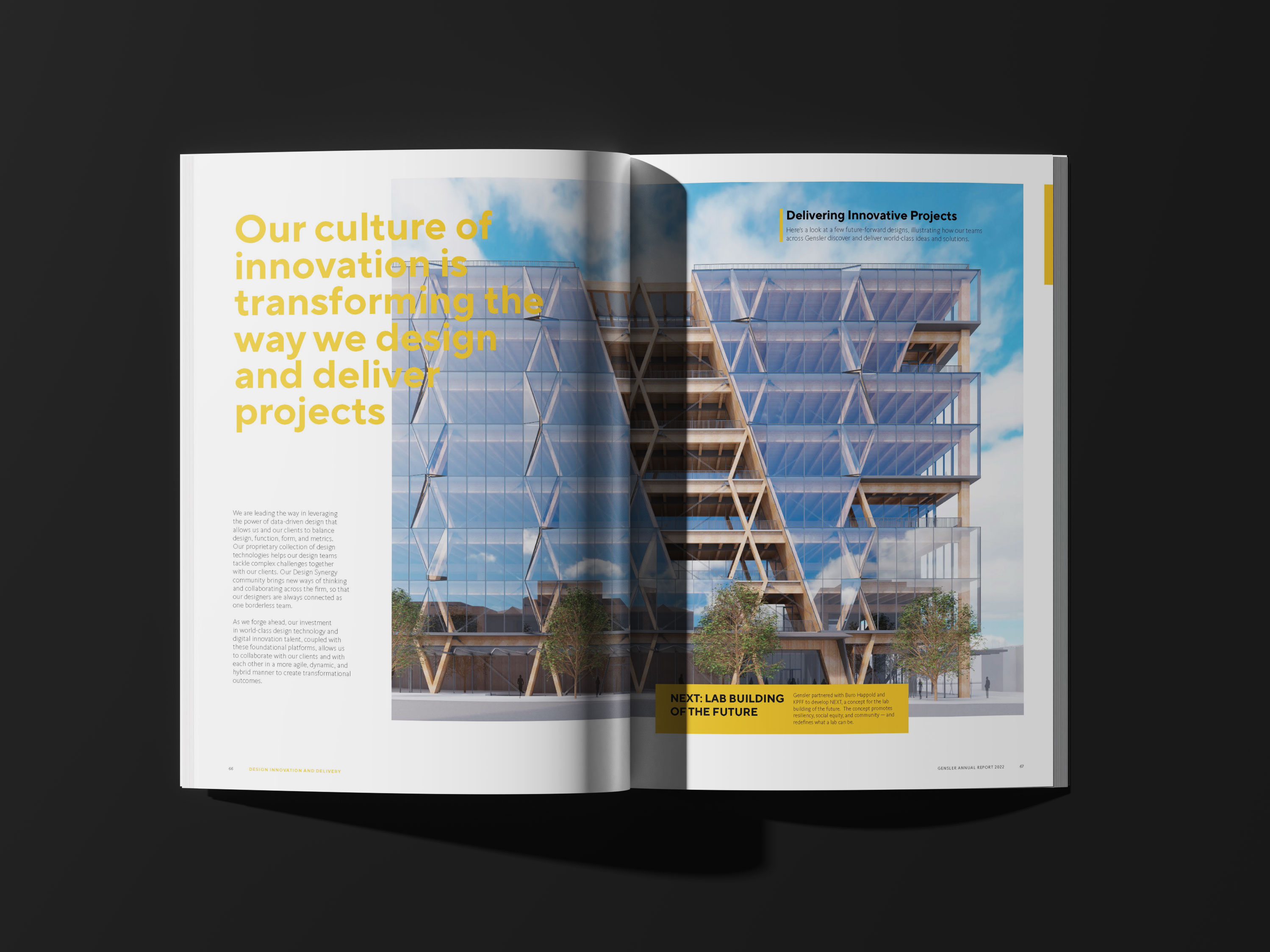 Gensler Leading Through Change annual report spread featuring visual storytelling by Tantrum Agency