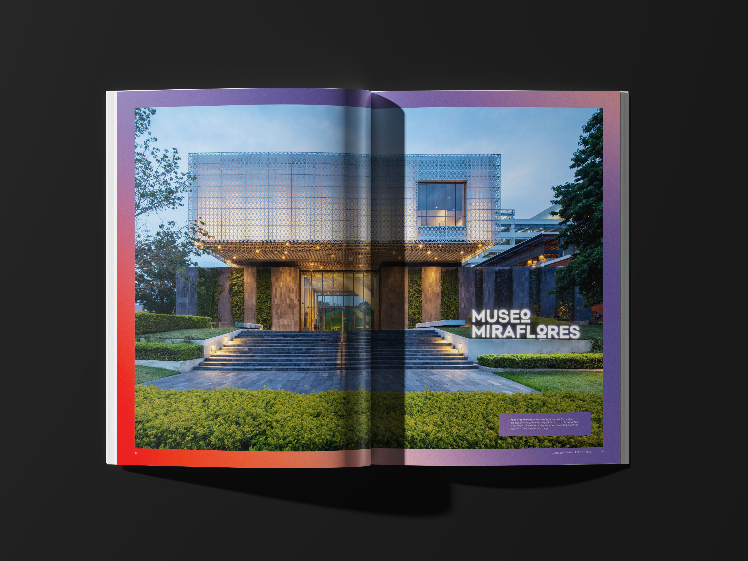 Gensler annual report spread by Tantrum Agency balancing large-scale photography with editorial typography