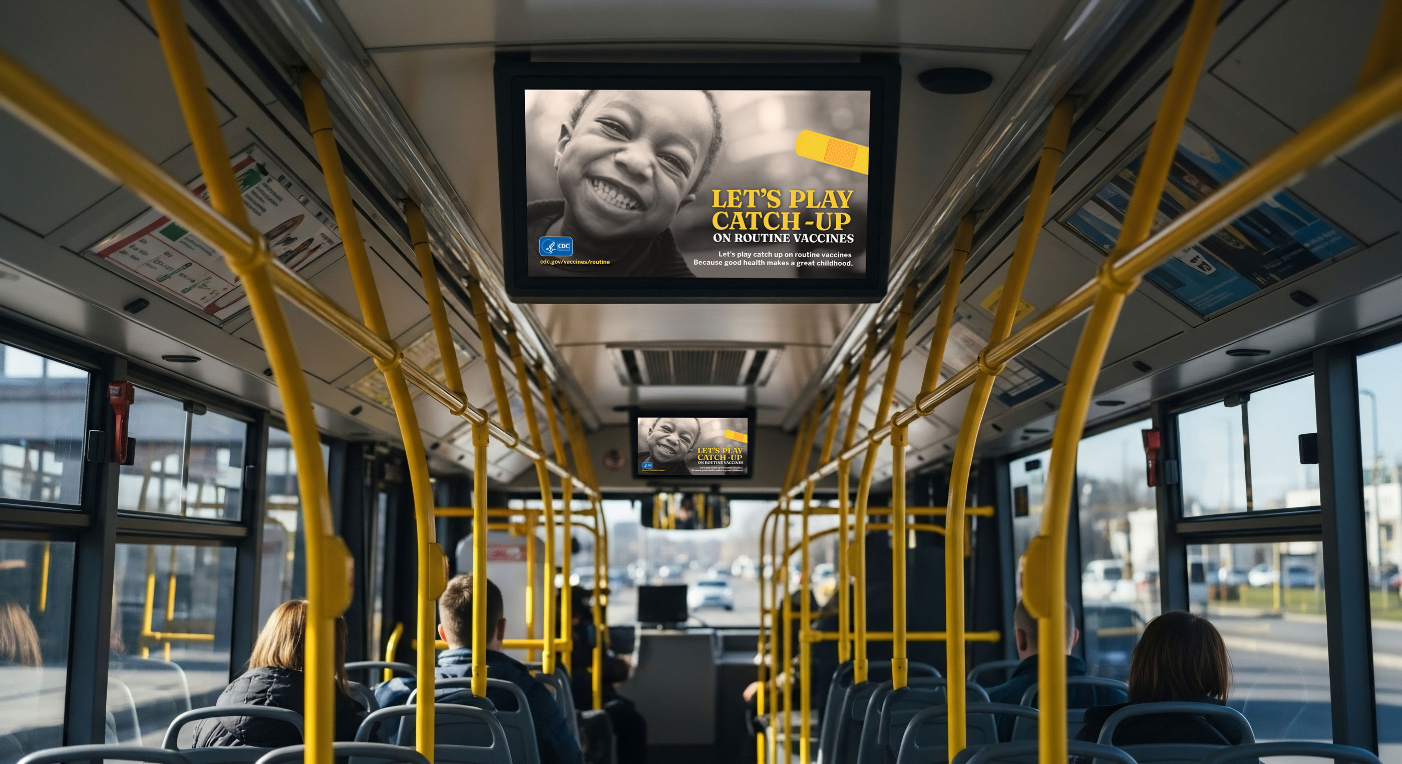 Tantrum Agency Let’s Play Catch-Up campaign for the CDC shown inside public transit with childhood vaccination messaging