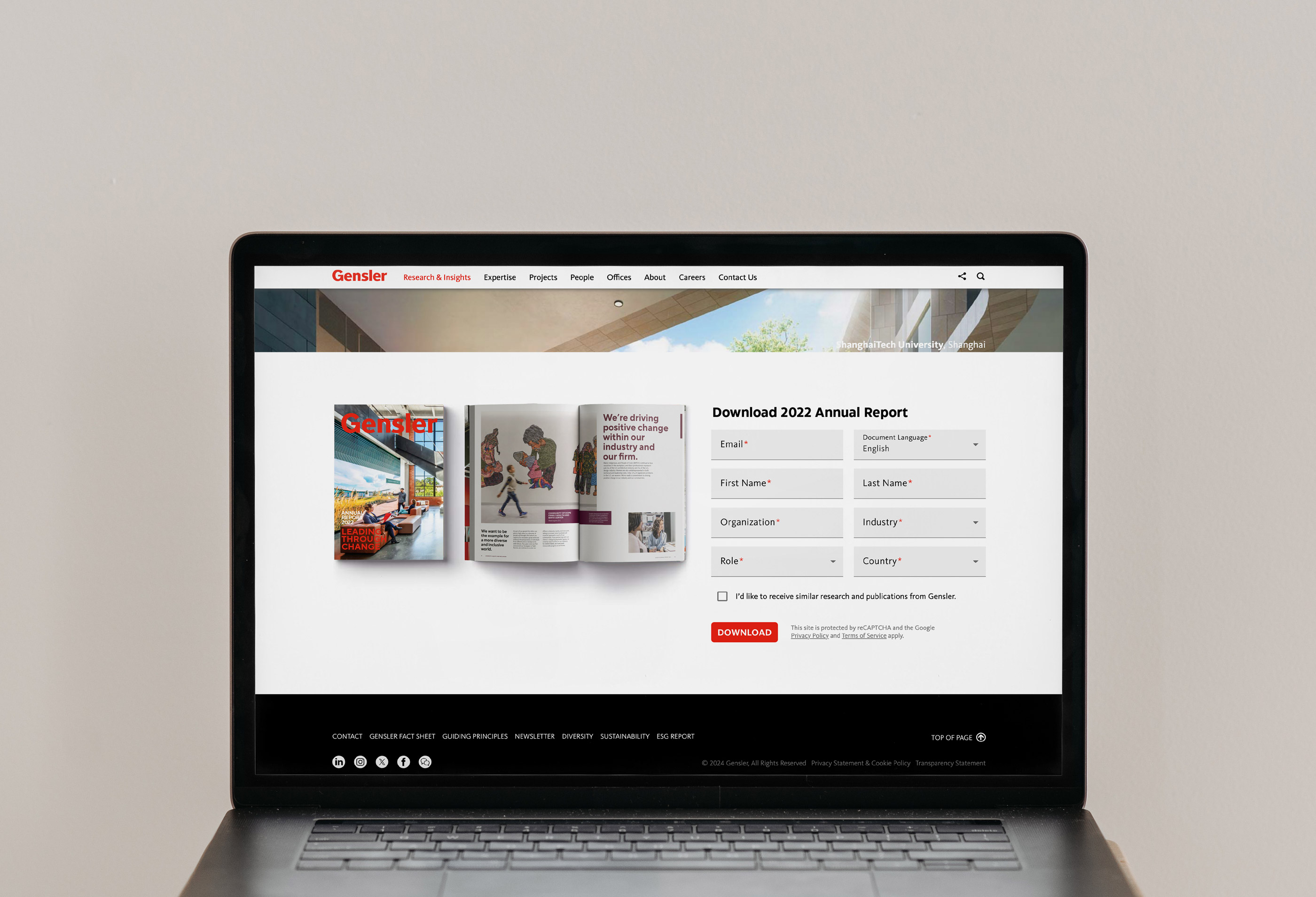 Gensler digital annual report experience by Tantrum Agency displayed on a laptop