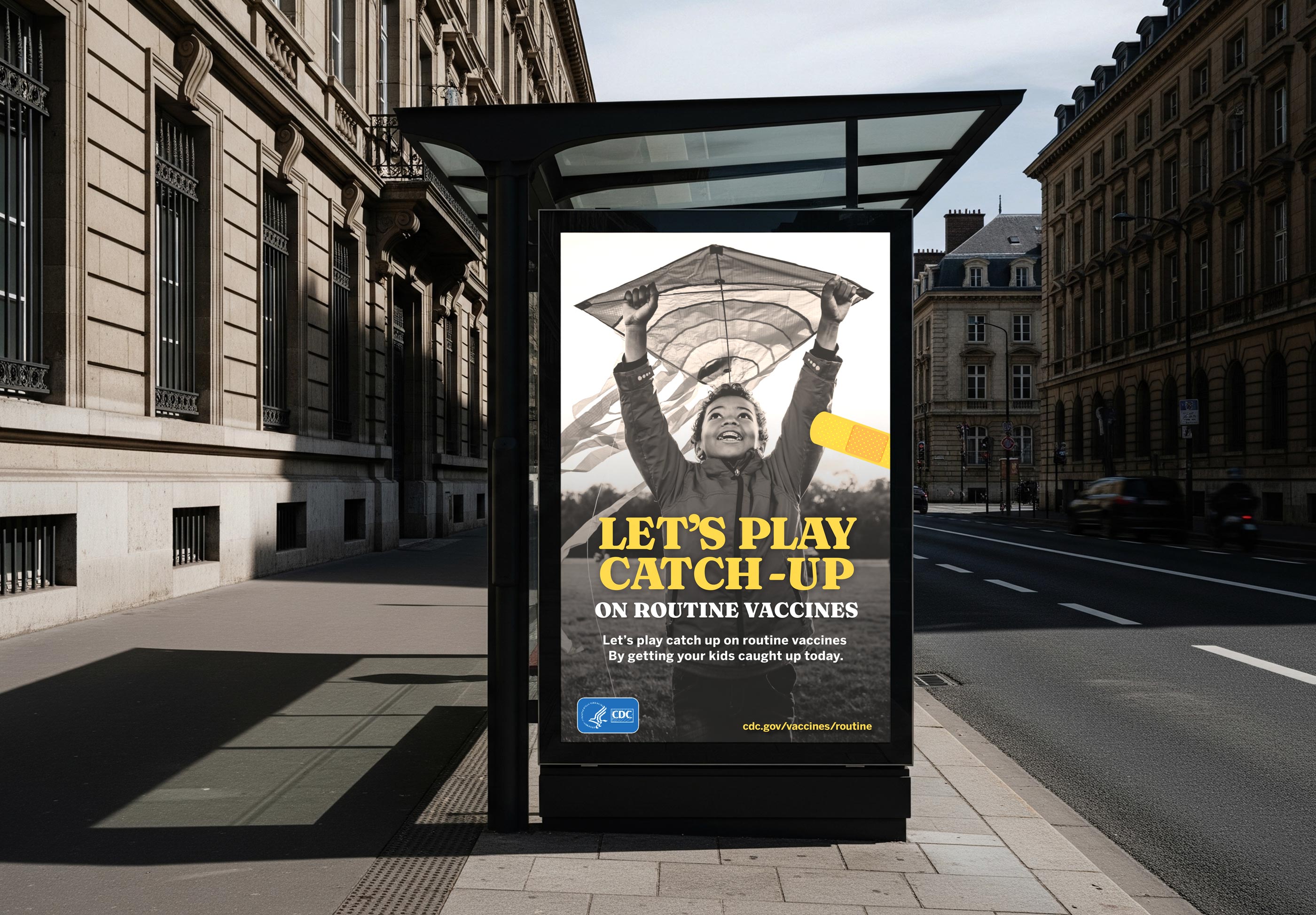 Tantrum Agency CDC Let’s Play Catch-Up public health campaign displayed on a city bus shelter