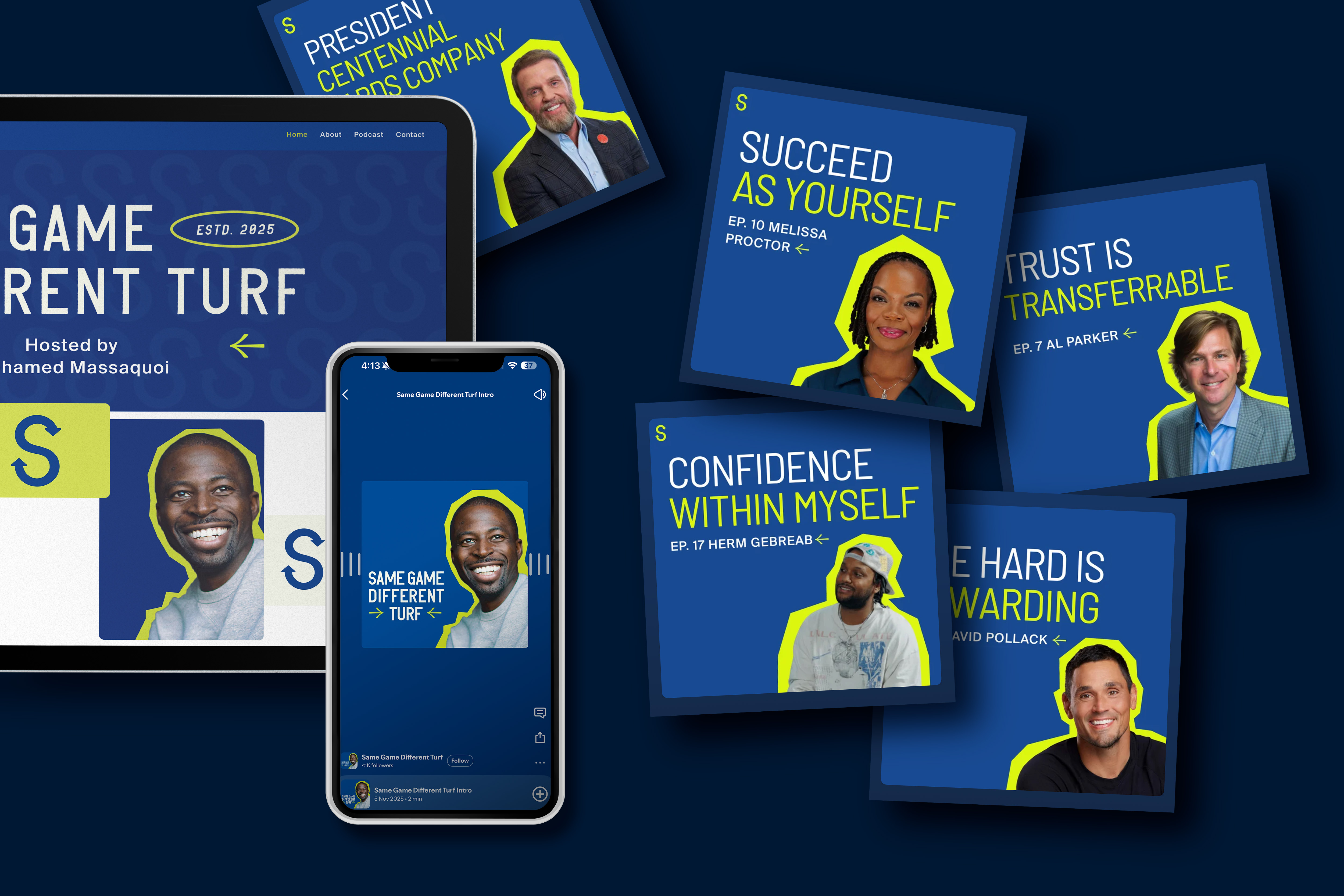 Tantrum Agency Same Game Different Turf podcast branding for Mohamed Massaquoi shown through a podcast cover mockup