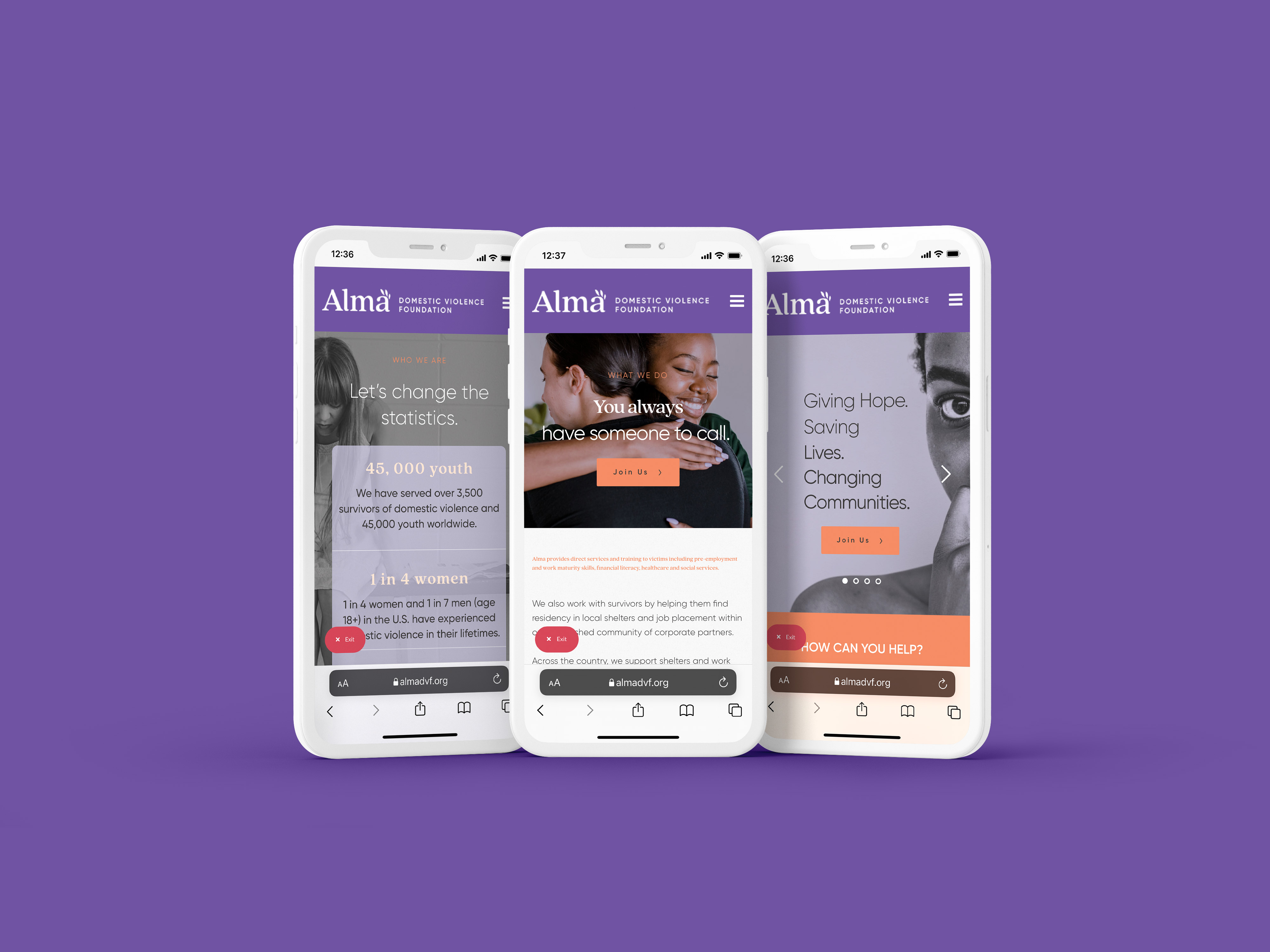 Alma Domestic Violence Foundation digital experience by Tantrum Agency shown across three mobile website screens