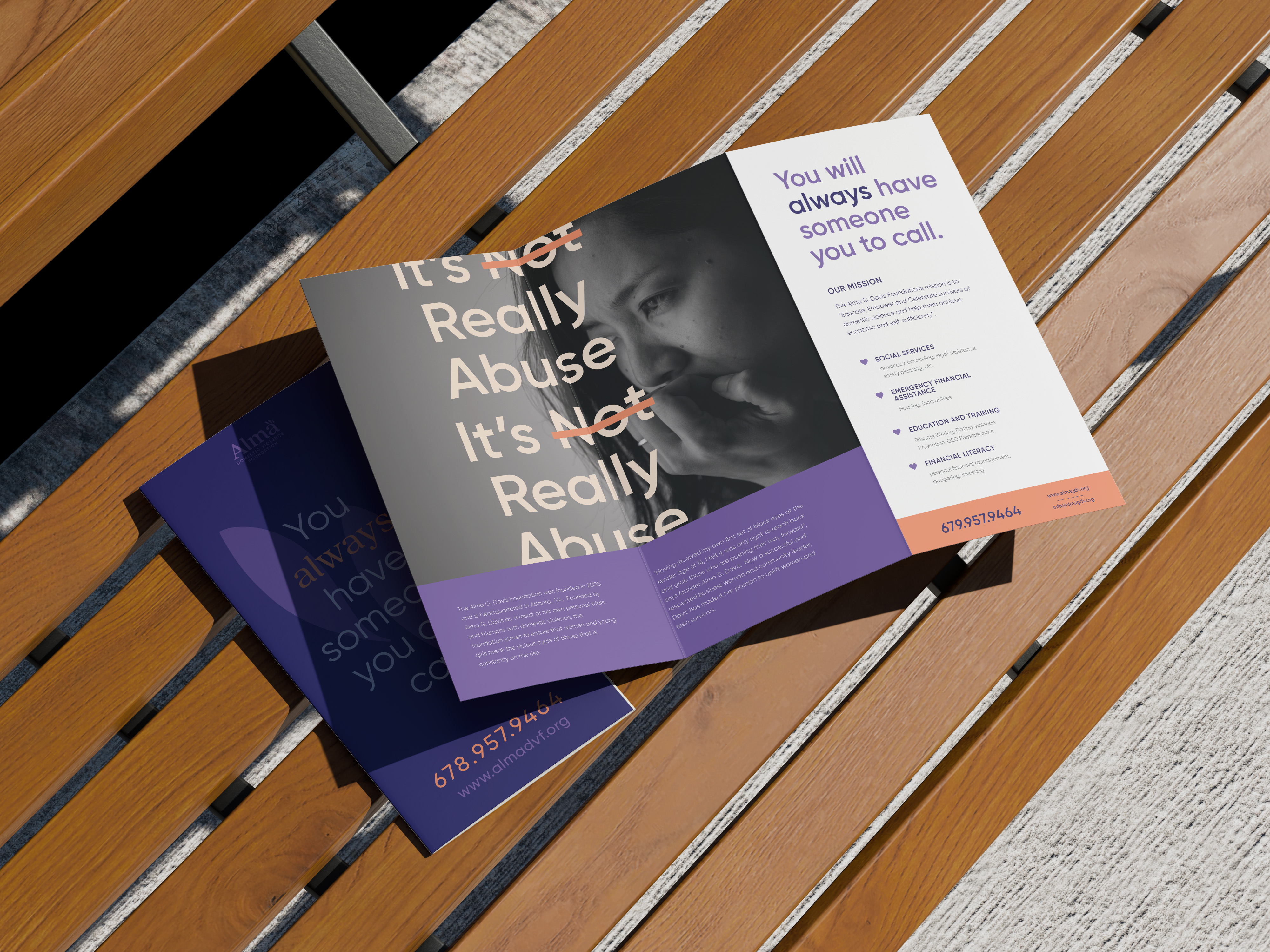 Tantrum Agency print design for Alma Domestic Violence Foundation shown across domestic violence awareness brochures