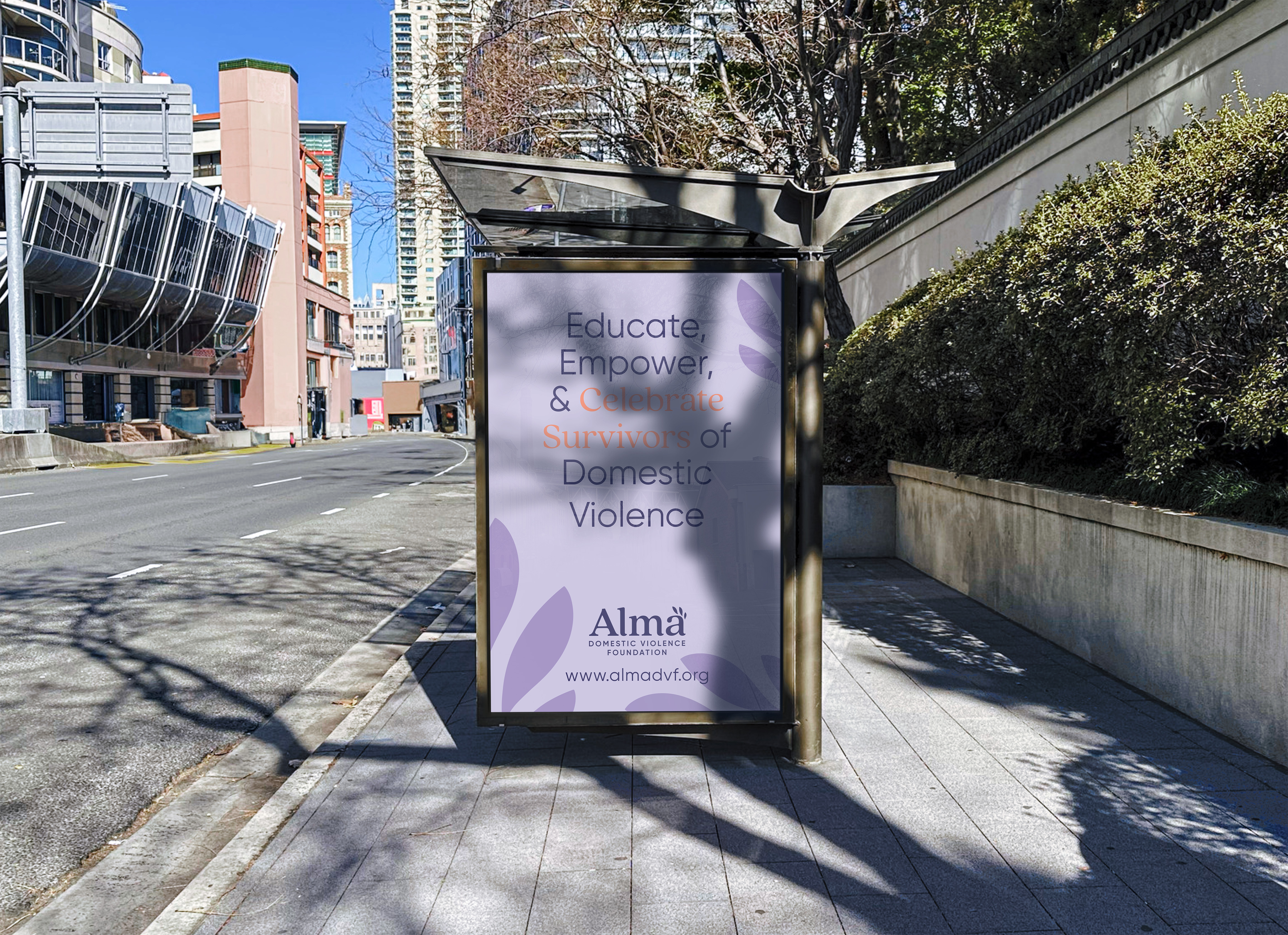 Tantrum Agency Alma Domestic Violence Foundation campaign displayed on a city bus shelter with domestic violence awareness messaging