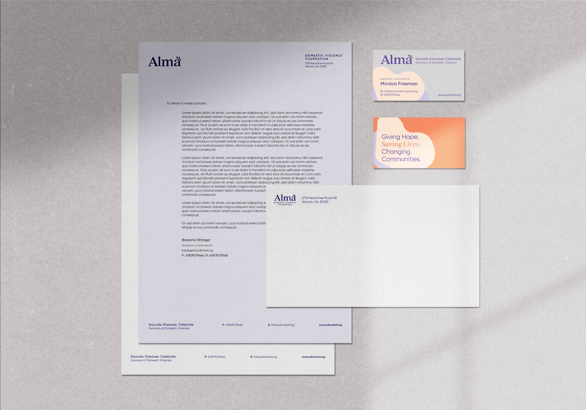 Tantrum Agency brand identity for Alma Domestic Violence Foundation applied to letterhead, envelopes and printed stationery