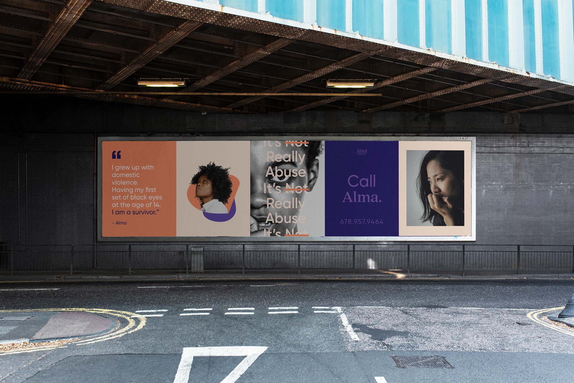 Tantrum Agency Call Alma campaign for Alma Domestic Violence Foundation shown across a large urban billboard installation