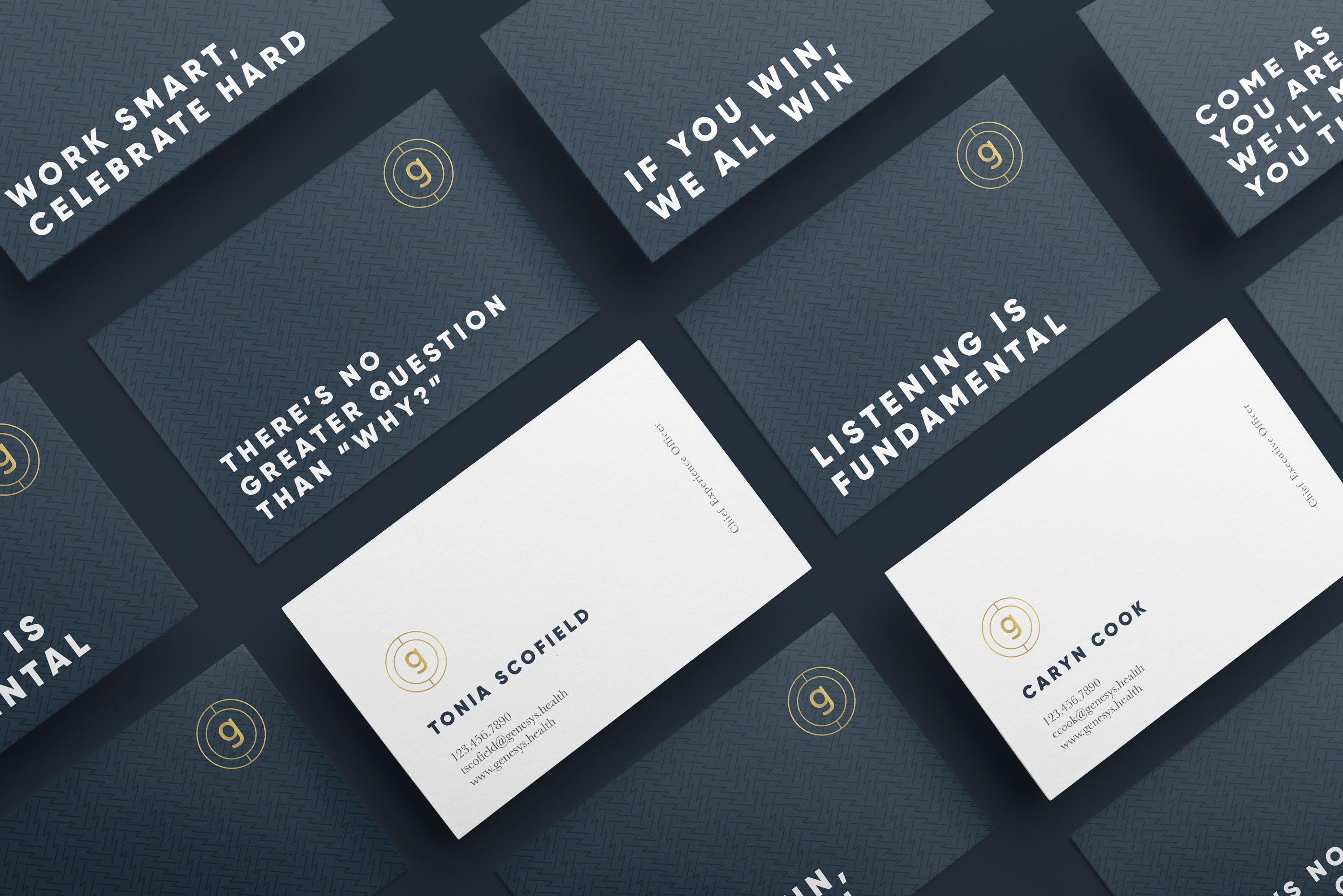 Genesys Health business cards featuring the identity created by Tantrum Agency