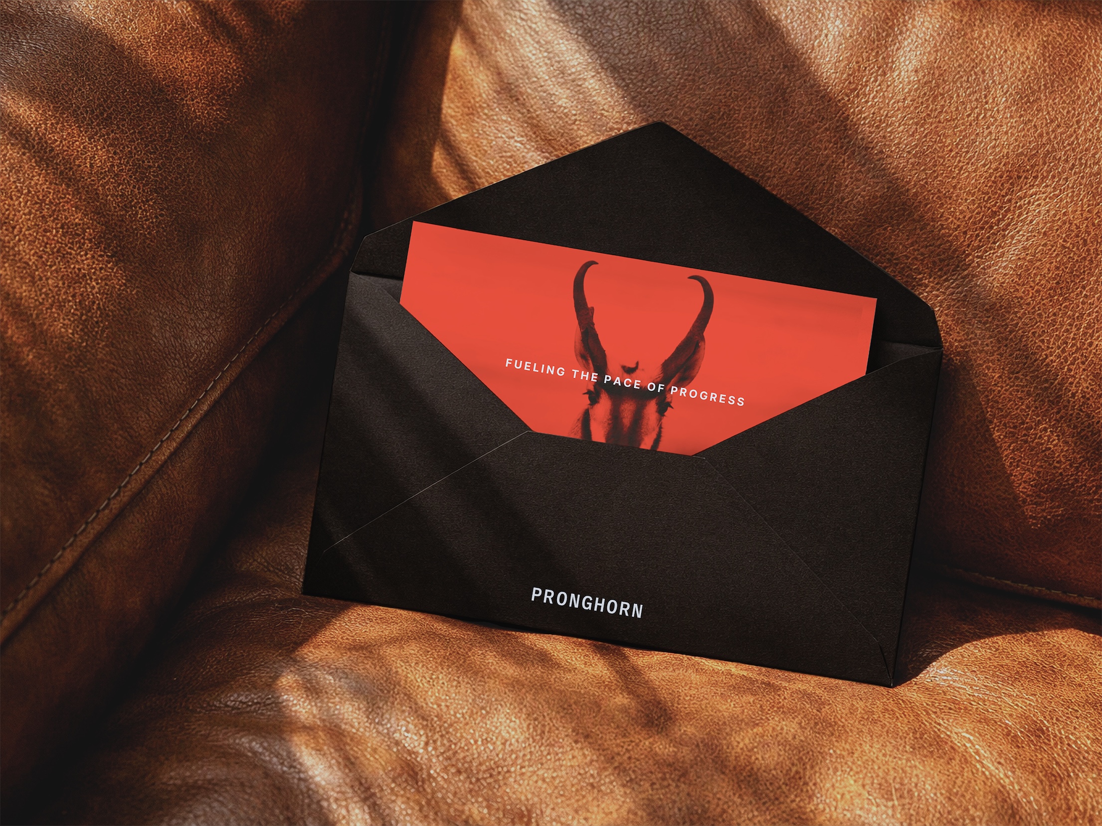 Pronghorn branded envelope and stationery featuring the identity created by Tantrum Agency