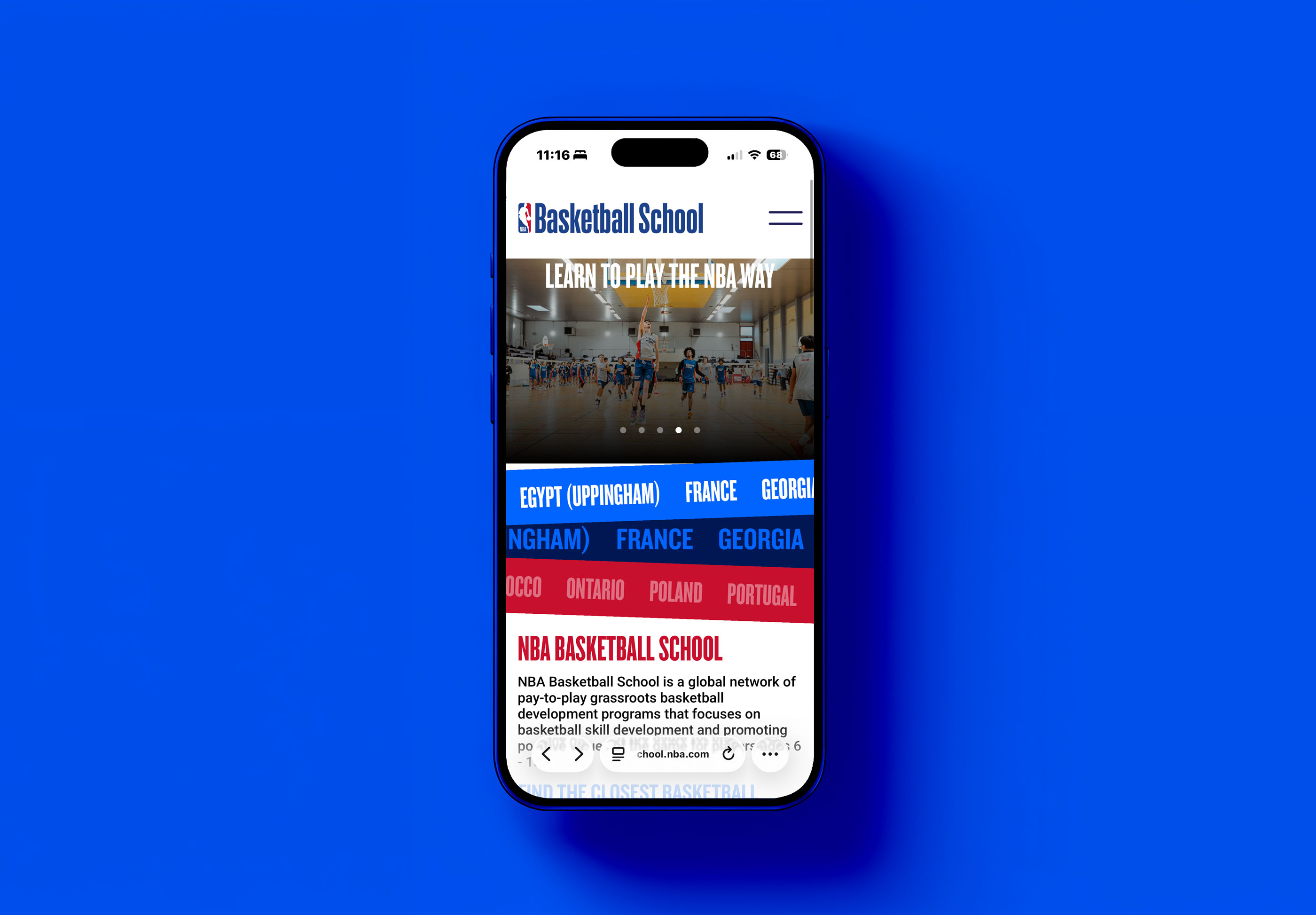 NBA Basketball Schools website designed by Tantrum Agency shown on a mobile phone