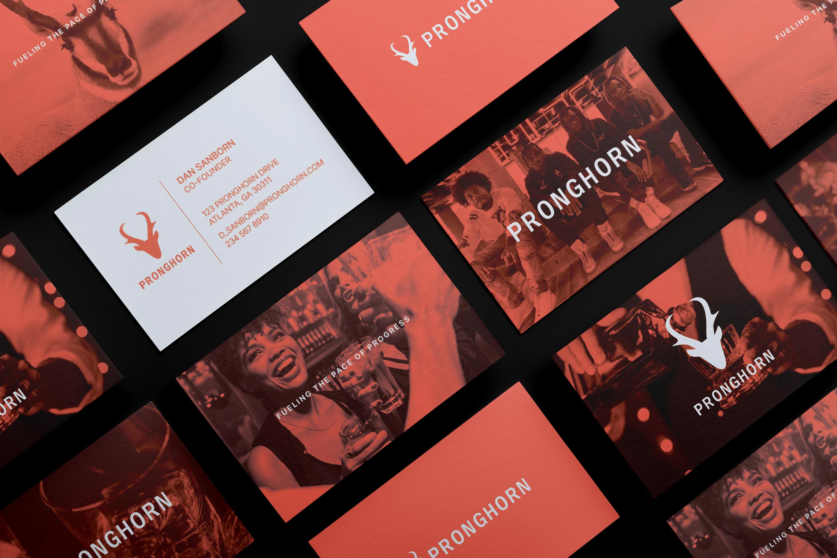 Tantrum Agency brand content for Pronghorn shown across branded business cards and collateral