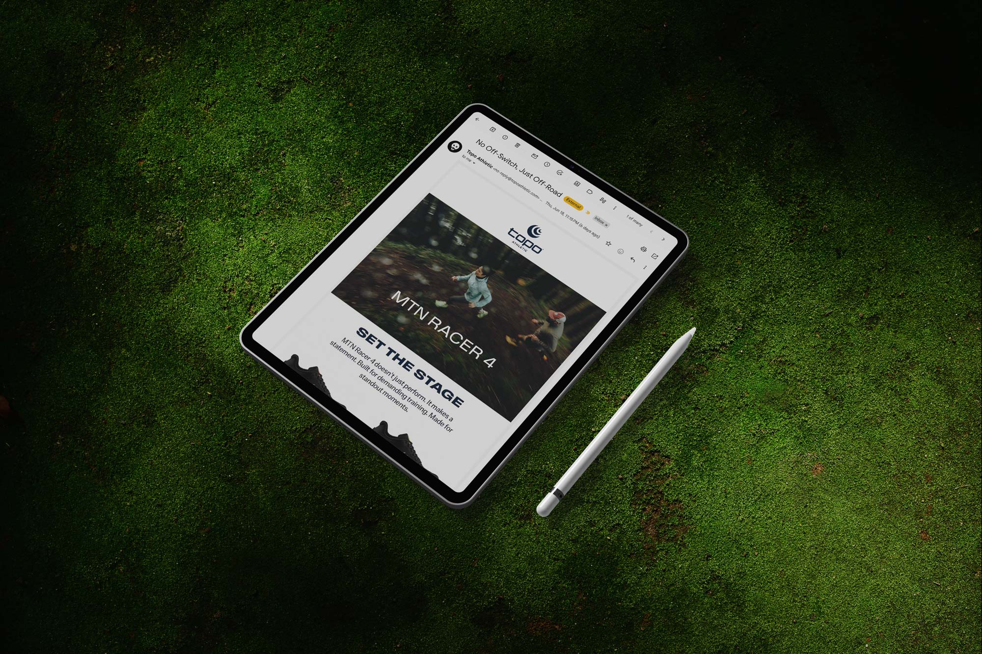 Topo Athletic MTN Racer 4 digital campaign by Tantrum Agency displayed on a tablet