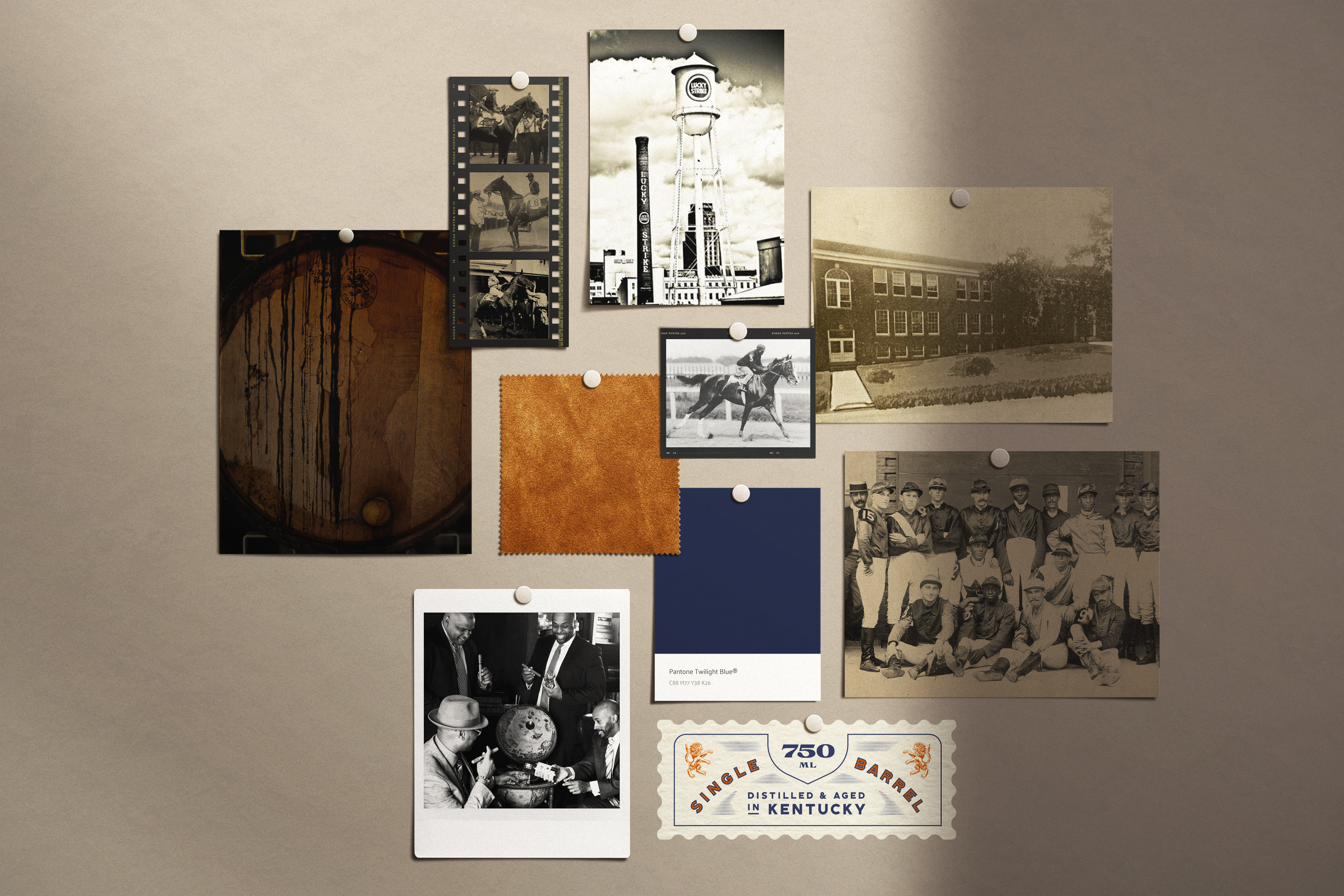 Tantrum Agency Old Hillside Bourbon Company heritage moodboard inspired by Hillside High School and black jockeys in horse racing history