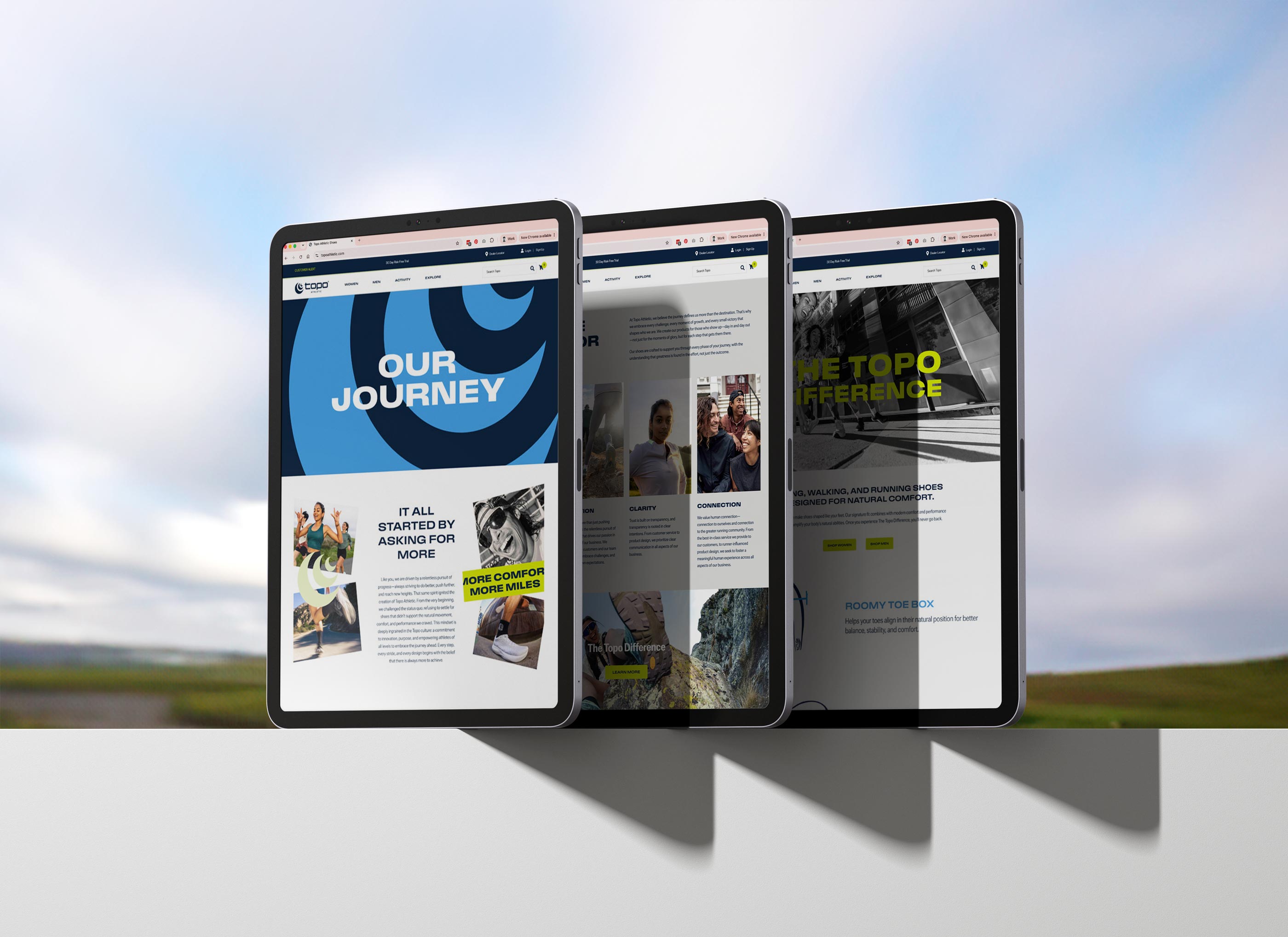 Topo Athletic digital brand experience by Tantrum Agency shown across three tablet screens