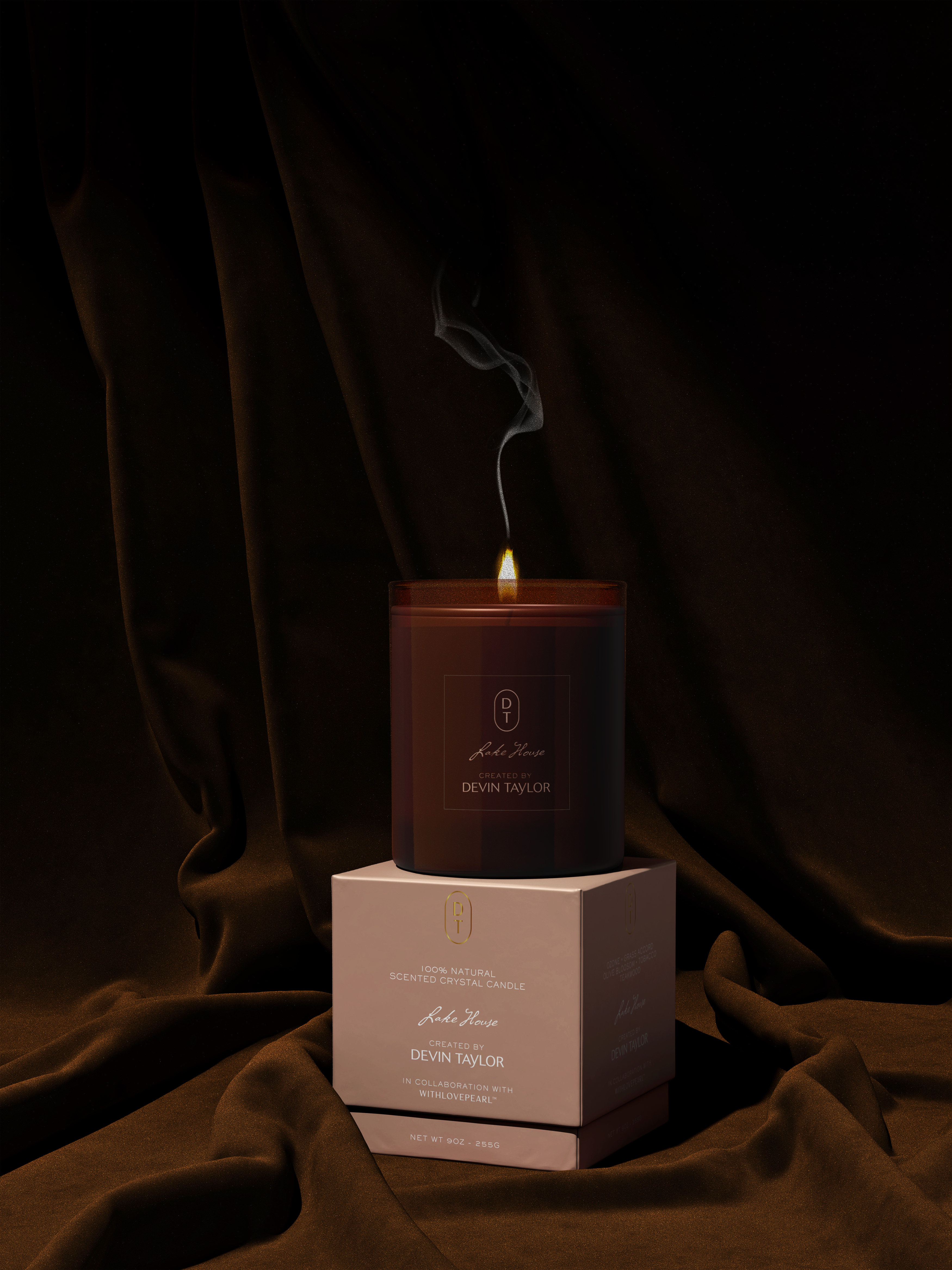 Devin Taylor Designs brand experience by Tantrum Agency featuring a branded candle in a luxury home setting