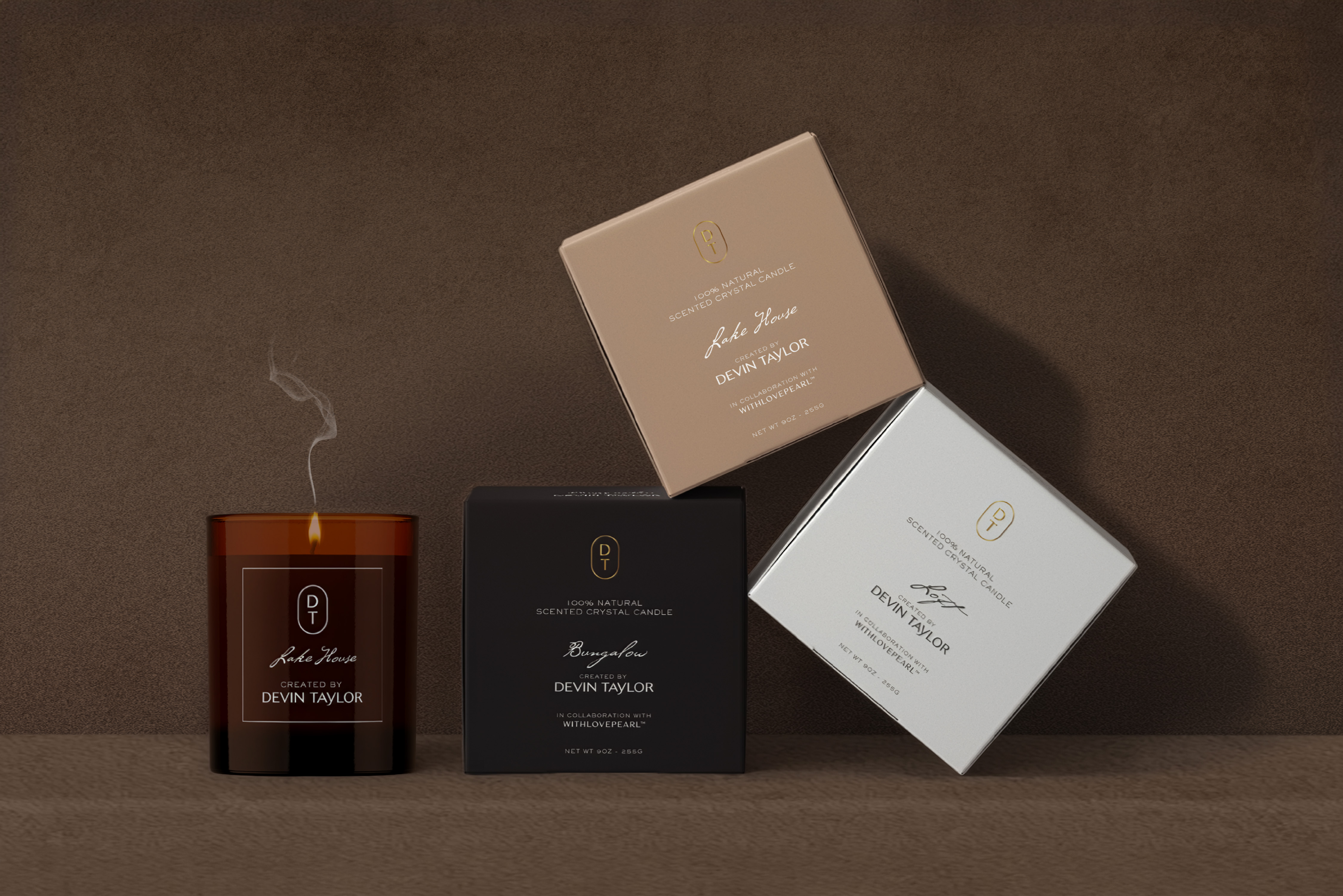 Devin Taylor Designs branded candle collection featuring identity design by Tantrum Agency