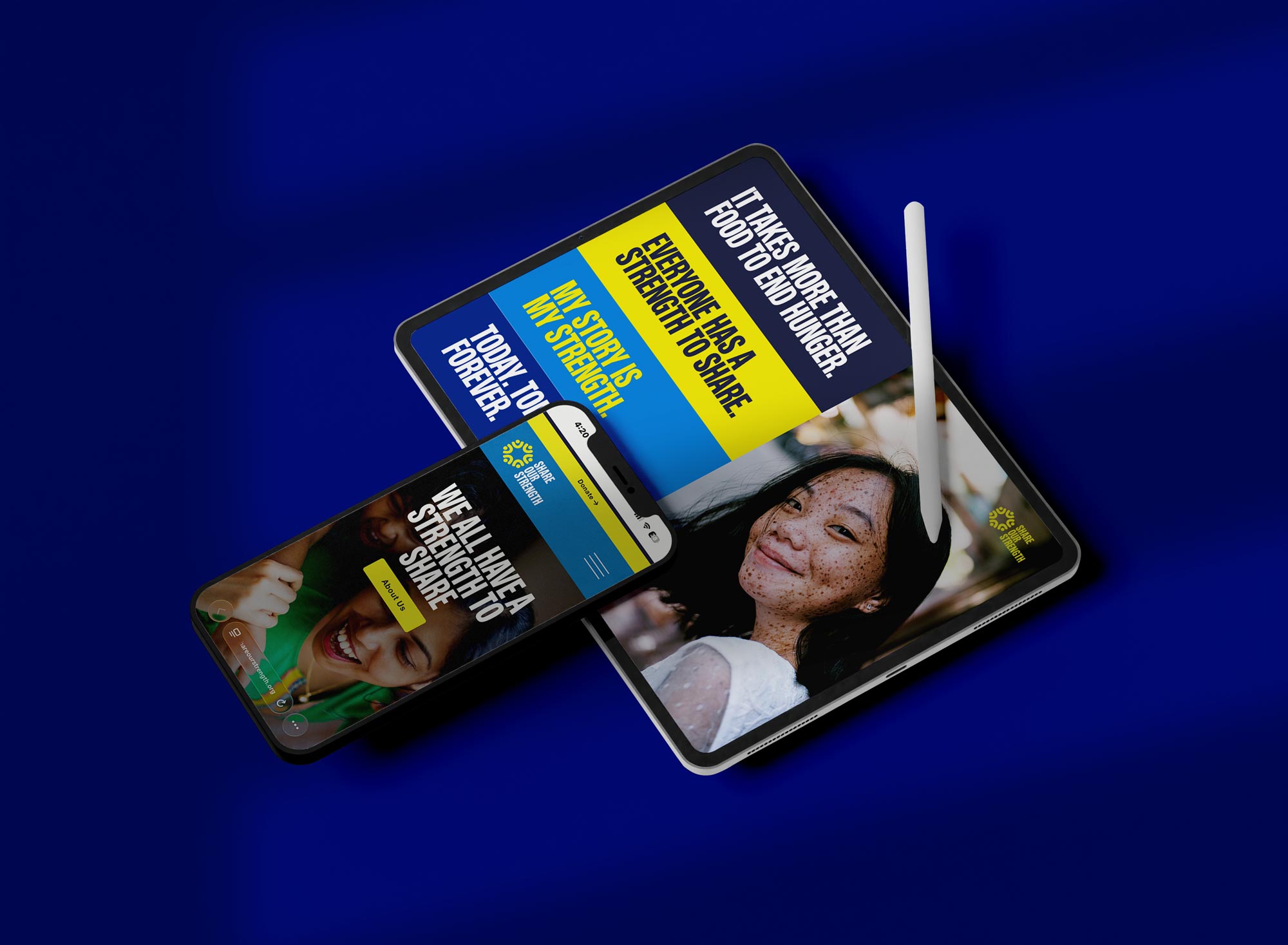 Share Our Strength brand strategy by Tantrum Agency shown through a digital storytelling experience on a tablet