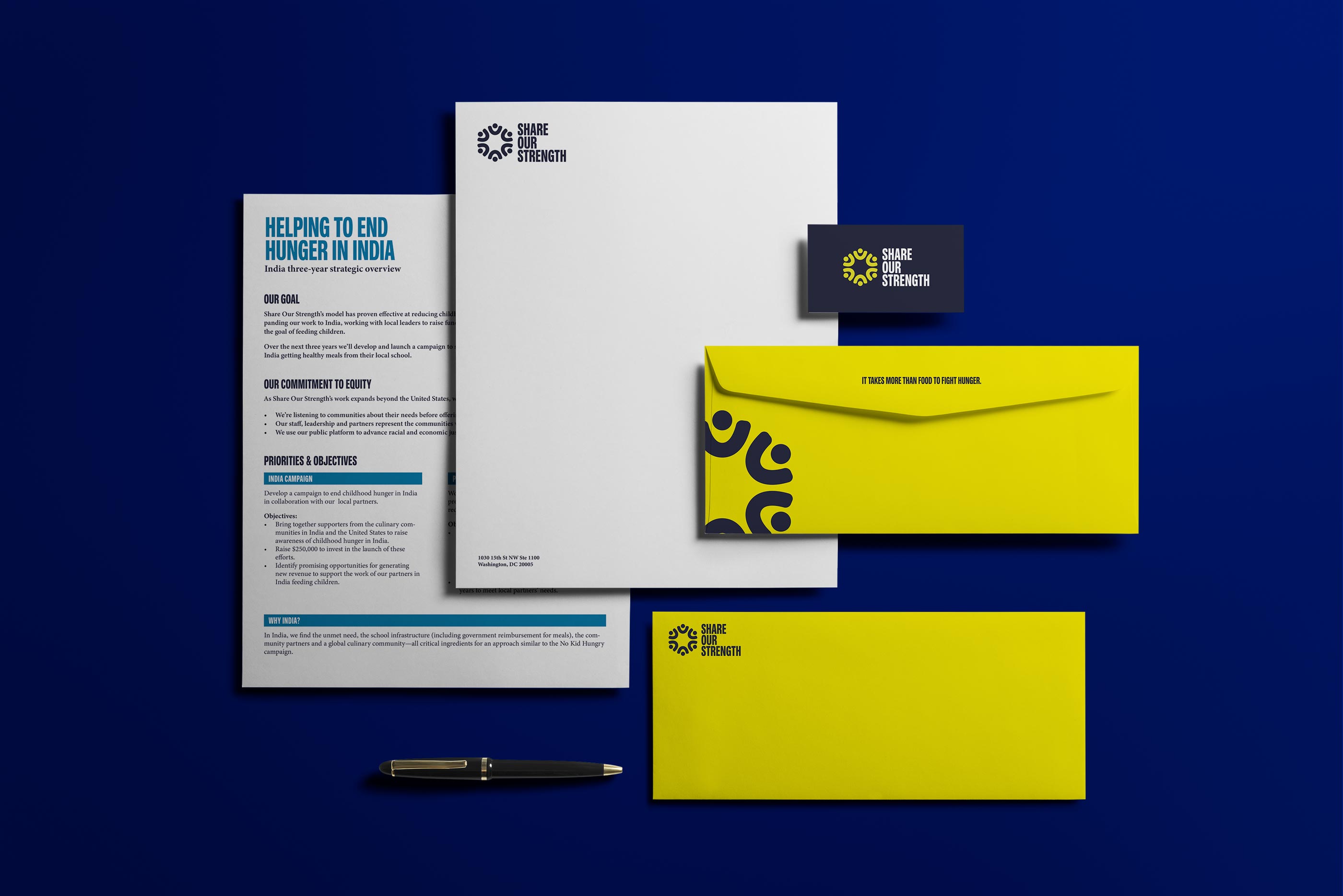 Share Our Strength stationery featuring the nonprofit brand identity created by Tantrum Agency