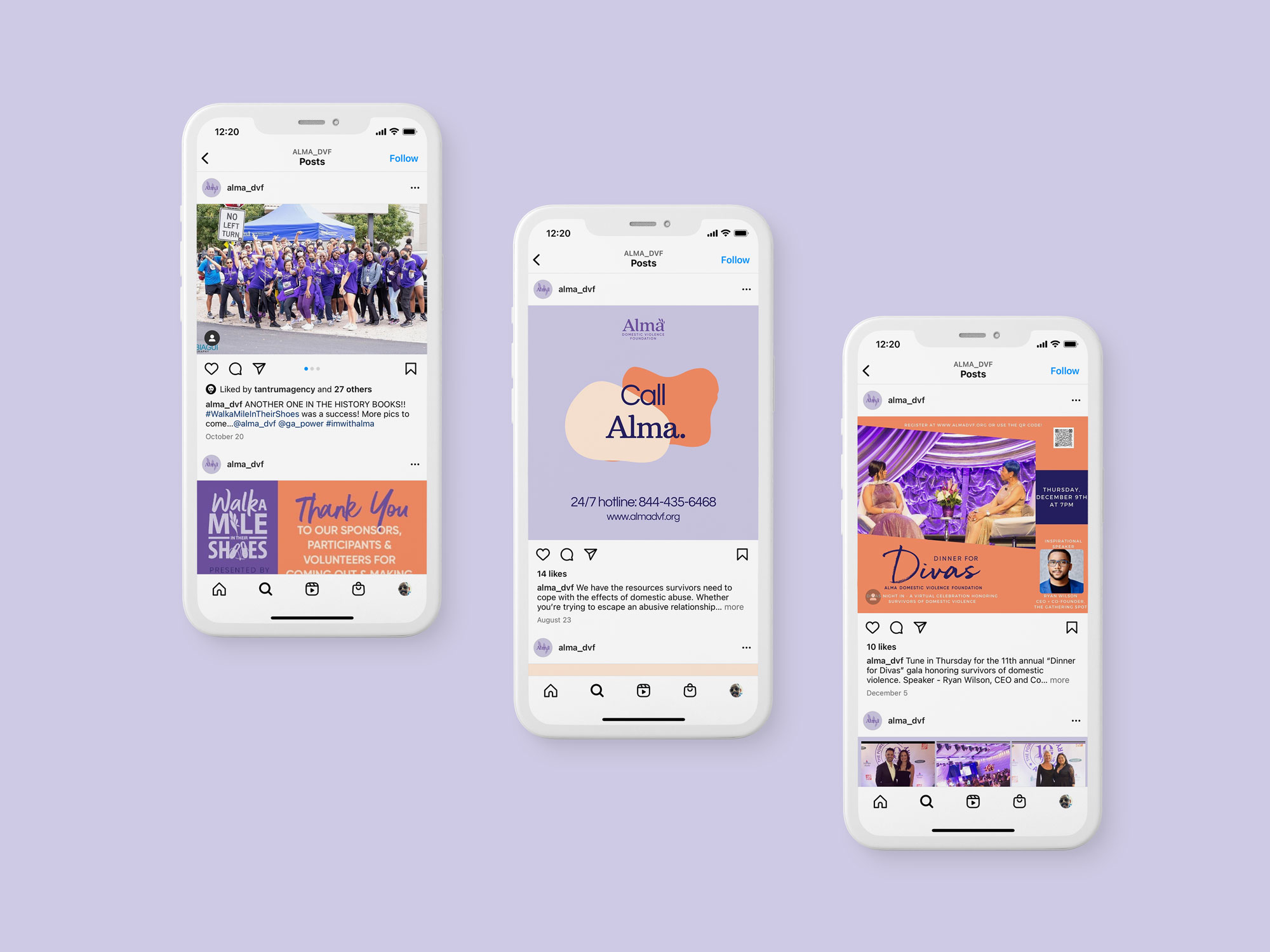 Alma Domestic Violence Foundation social content designed by Tantrum Agency shown across three mobile phone screens