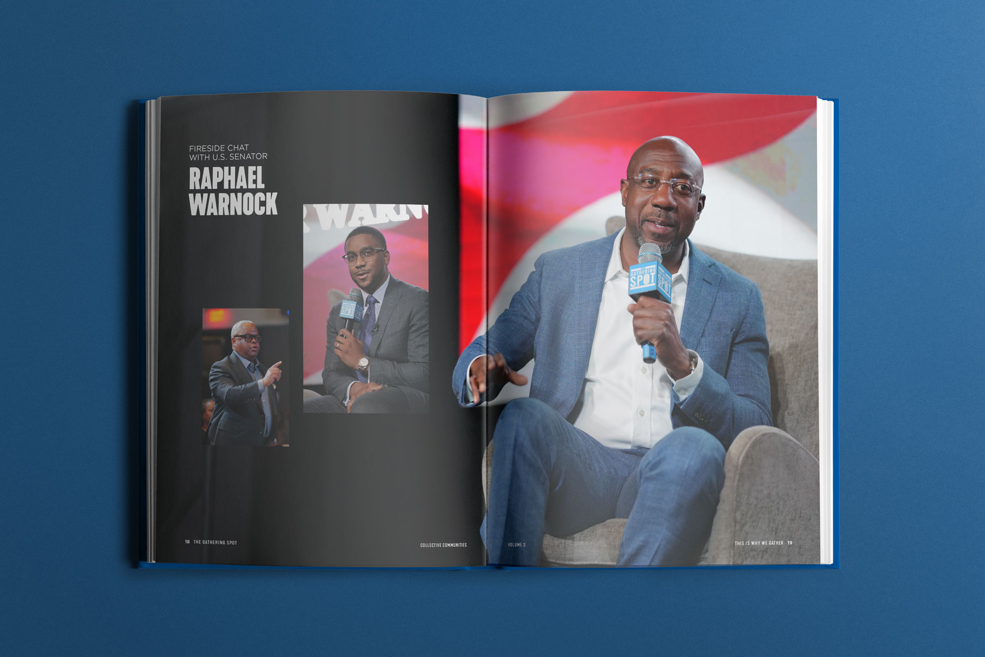 The Gathering Spot Yearbook Vol. 3 spread by Tantrum Agency featuring Fireside Chat with Georgia Senator Raphael Warnock