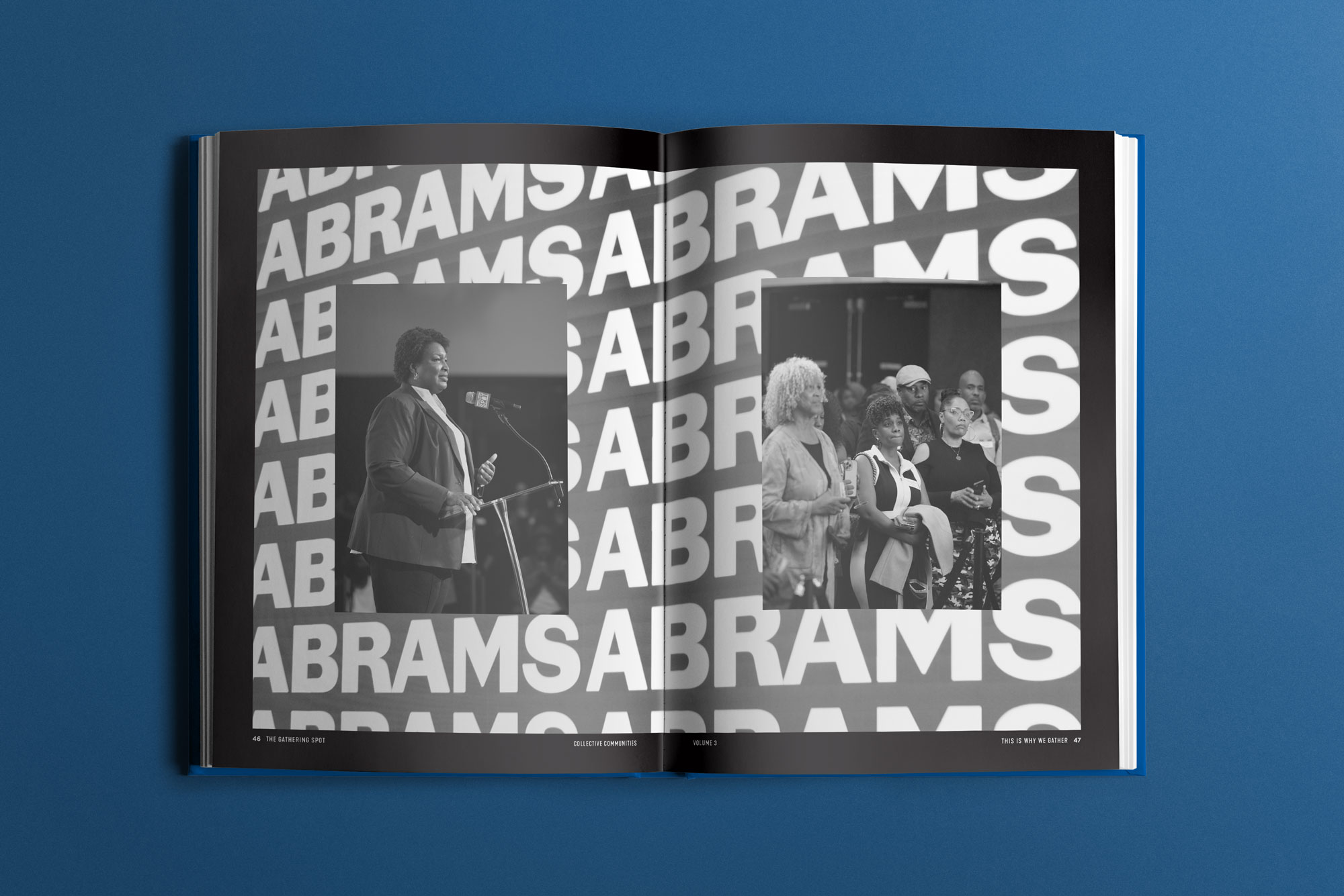 Tantrum Agency TGS Yearbook Vol. 3 spread featuring expressive community photography and typography featuring Georgia Gubernatorial Candidate Stacey Abrams 