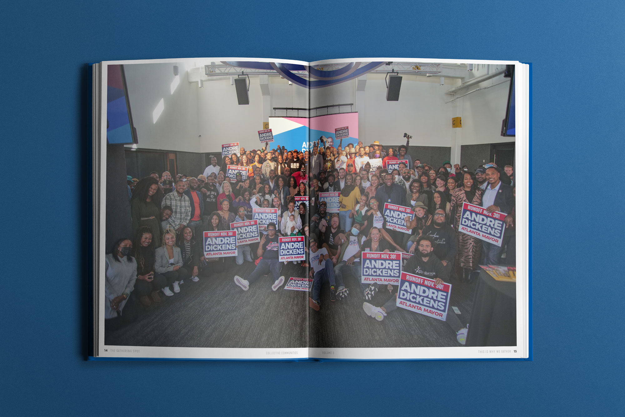 The Gathering Spot Yearbook Vol. 3 designed by Tantrum Agency featuring the TGS community at campaign event for Atlanta Mayor Andre Dickens