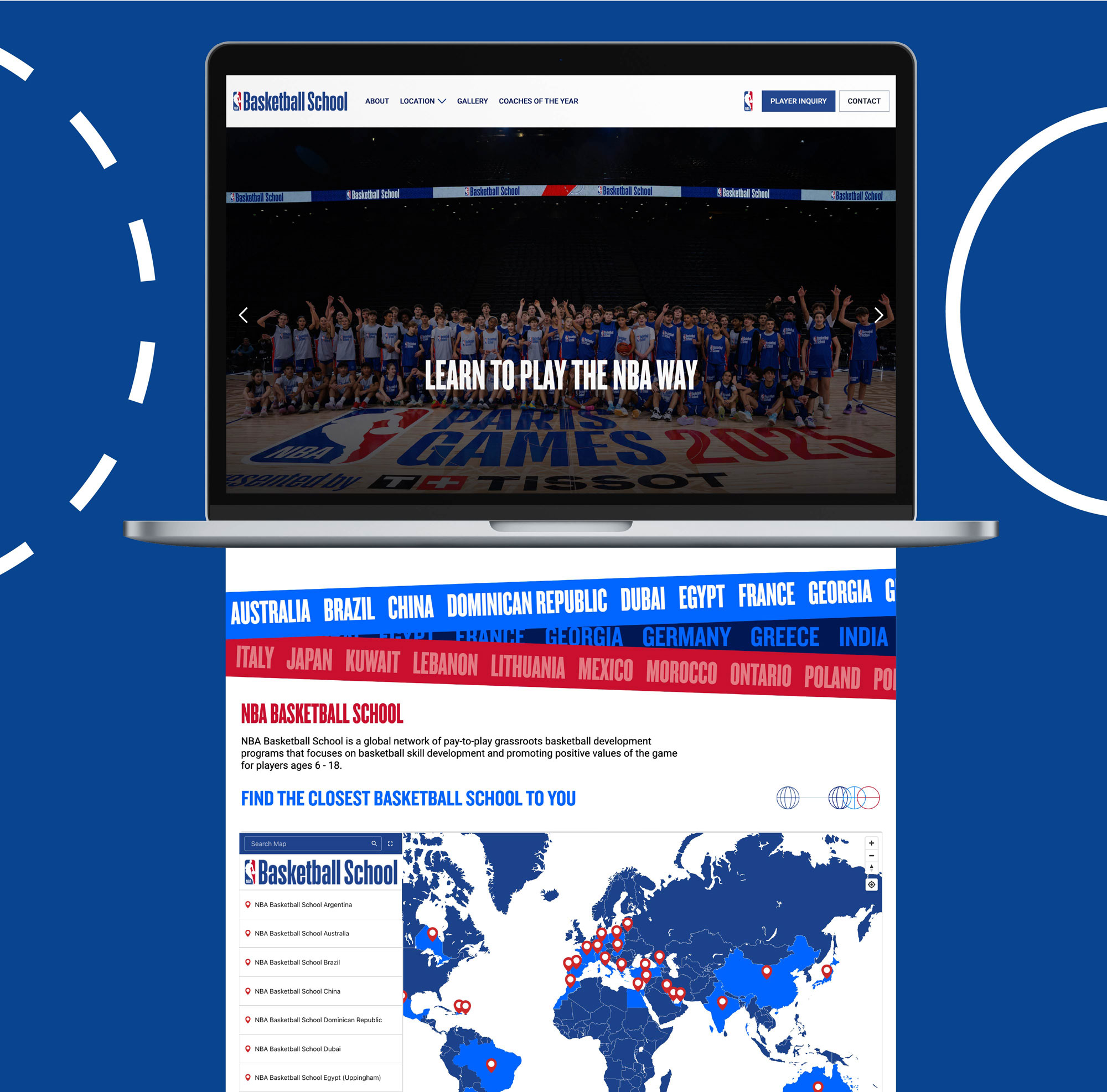 NBA Basketball Schools homepage designed by Tantrum Agency showcasing the global youth basketball program in a desktop website experience