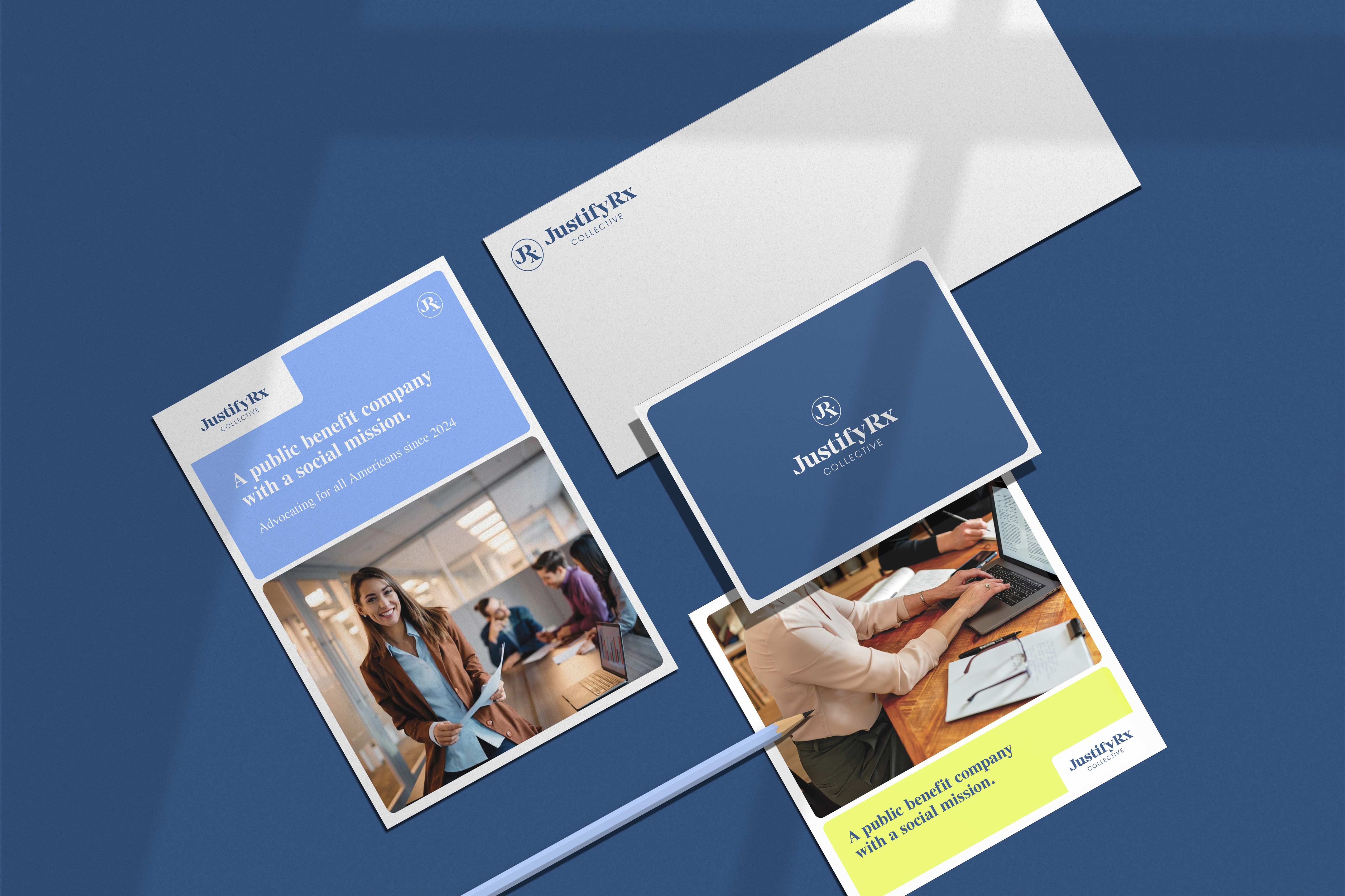 Tantrum Agency JustifyRx branding featuring the healthcare company’s blue and green visual identity