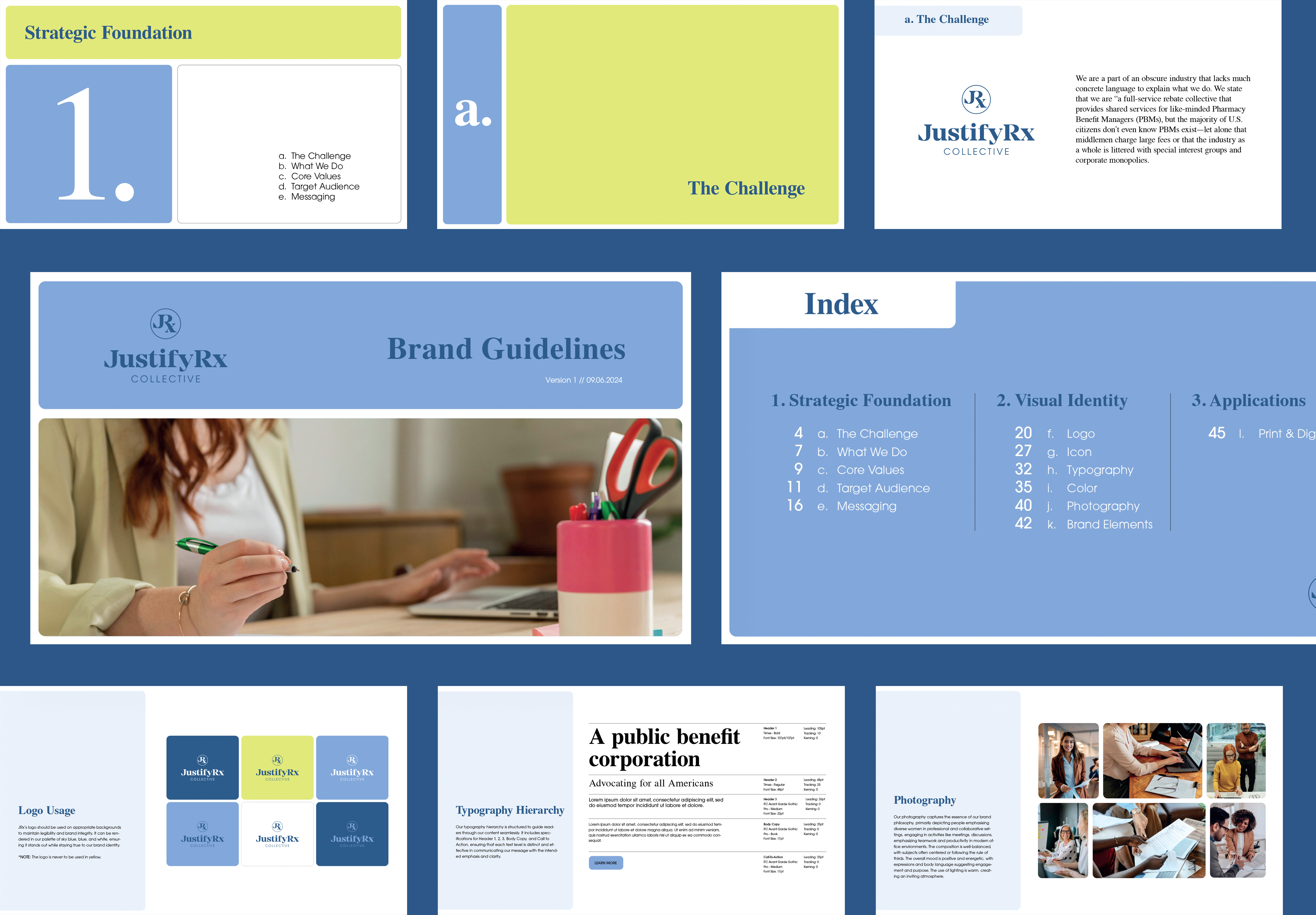 antrum Agency visual identity for JustifyRx featuring the brand’s blue and green graphic system