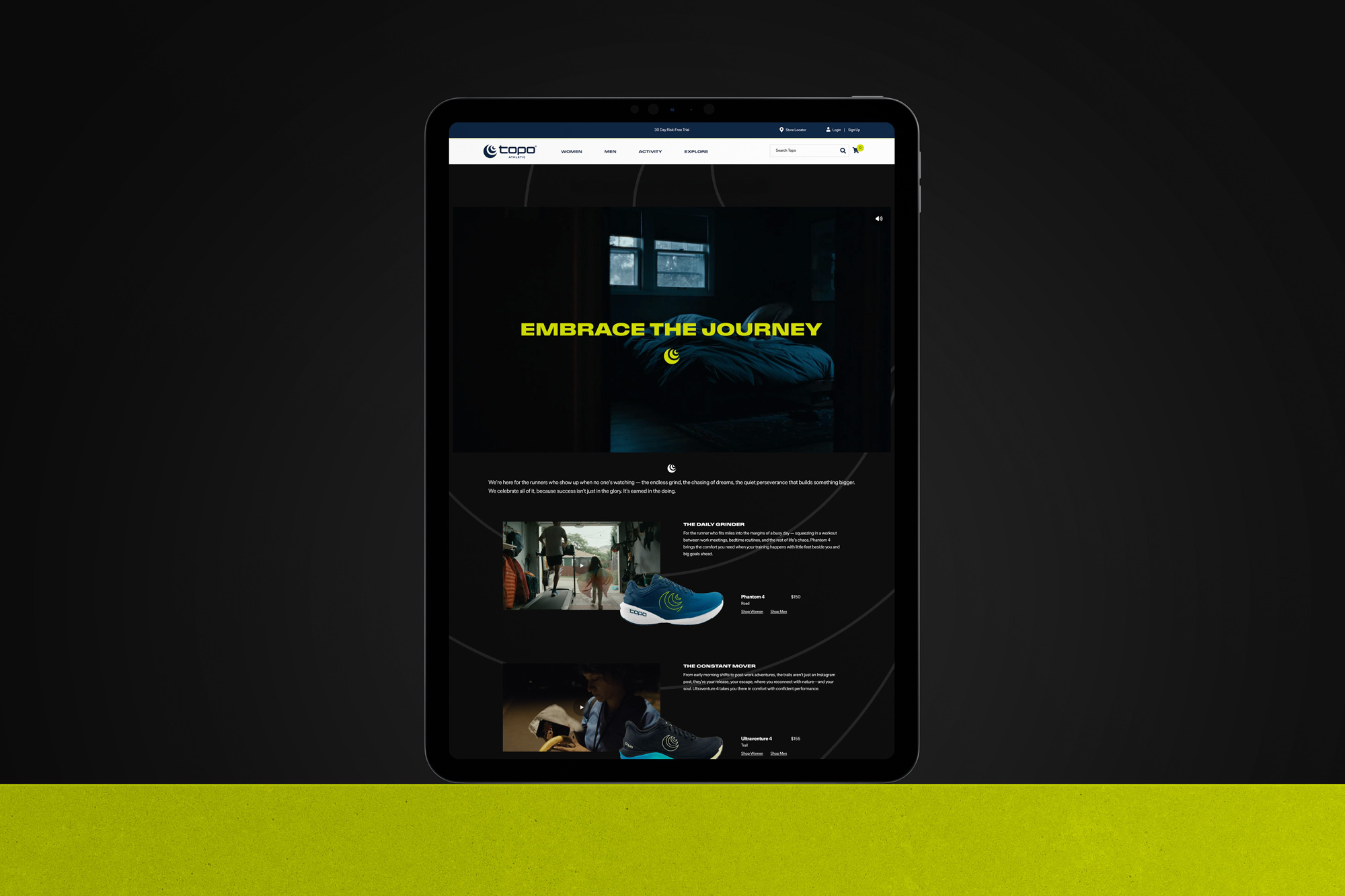 Tantrum Agency branding for Topo Athletic shown through the Embrace the Journey digital experience on a tablet