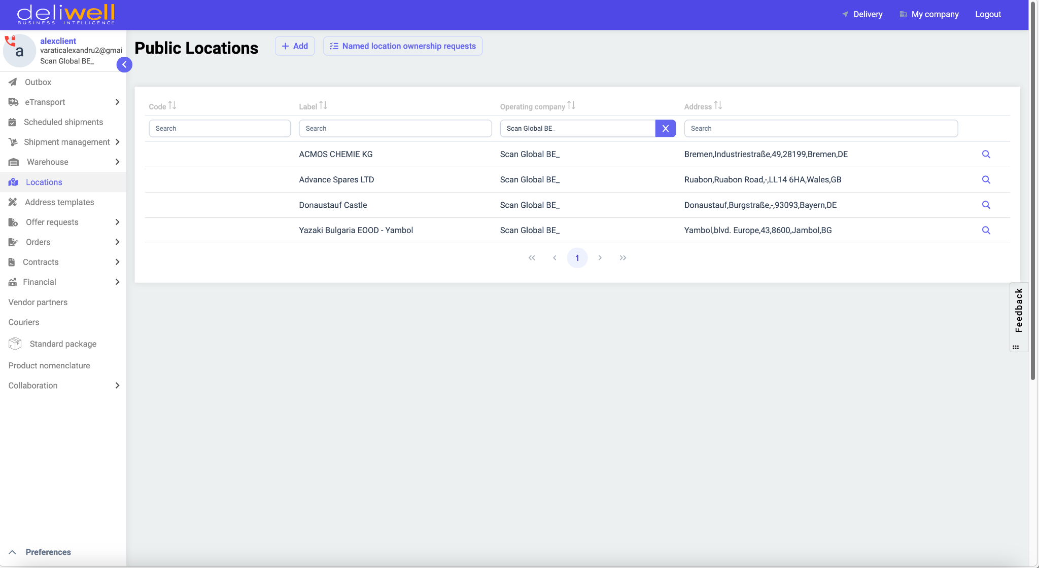 Deliwell location register listing each site with a code, label, operating company and full structured address
